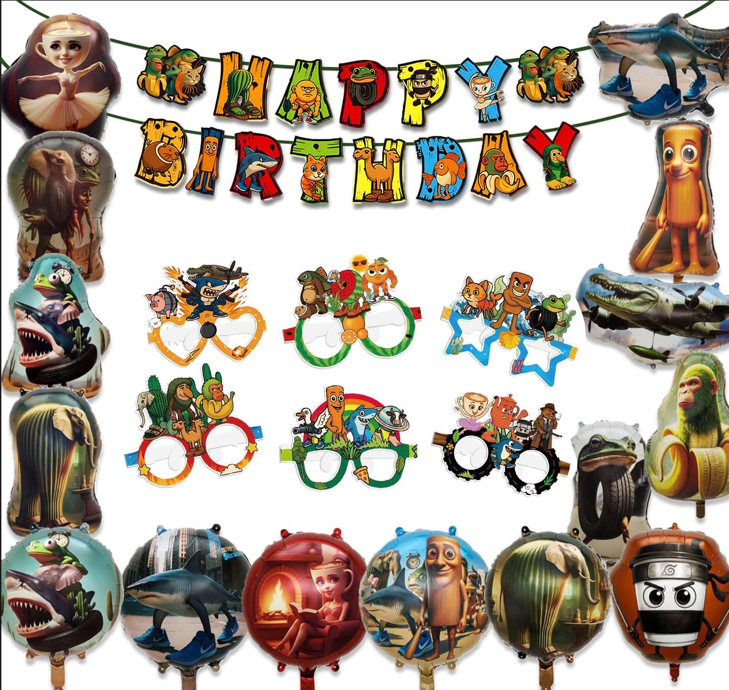 IndoTribe 22 Pcs Italian Brainrot Birthday Decorations Italian Brainrot Birthday Banner 10Ft Preassembled, Italian Brainrot Balloons Italian Brainrot Eyeglasses and Italian Brainrot PhotoBooth Frame