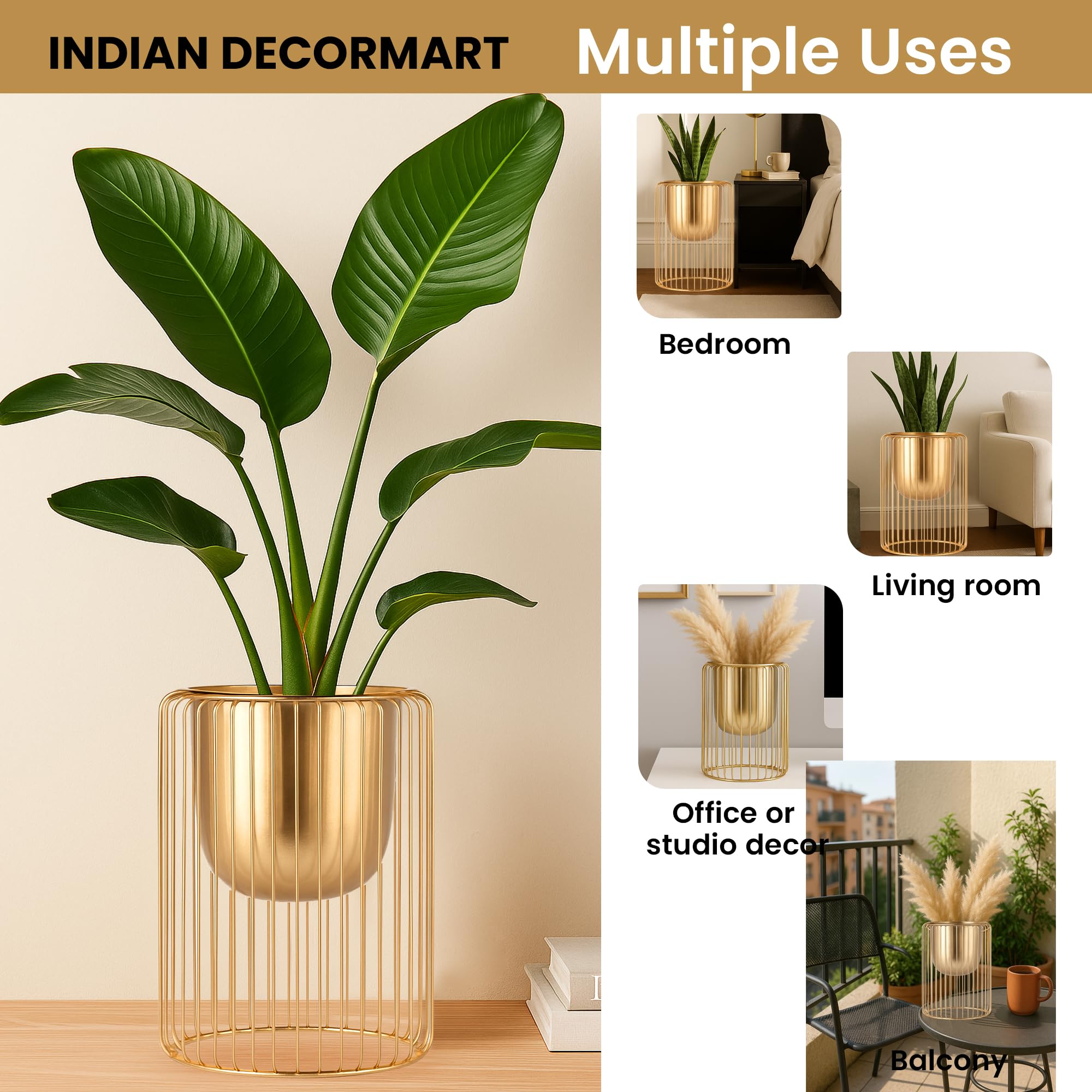 INDIAN DECORMART Modern Gold Metal Planter with Cylindrical Wire Cage Stand | Stylish Indoor Decorative Flower Pot for Home and Office Decor | Decorative Item for Living Room 2