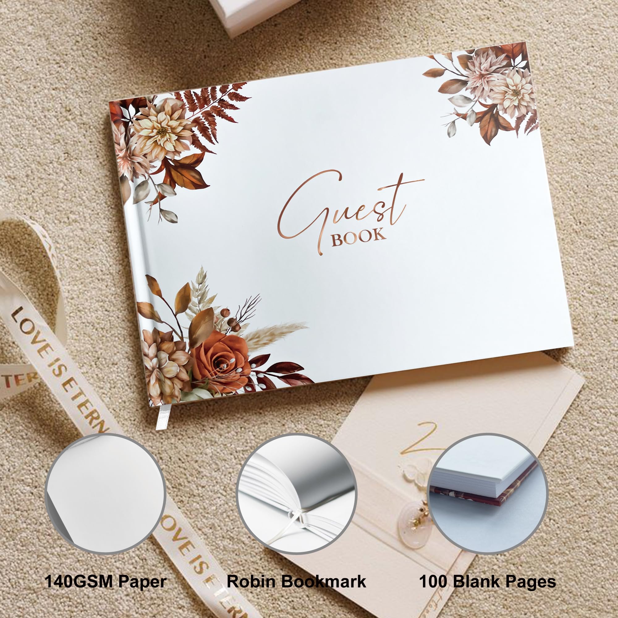 Mr&MrsGifts Elegancka księga gości weselnych przyjęcie weselne twarda okładka księga logowania gości na ślub, wieczór panieński i baby shower (kwiat)