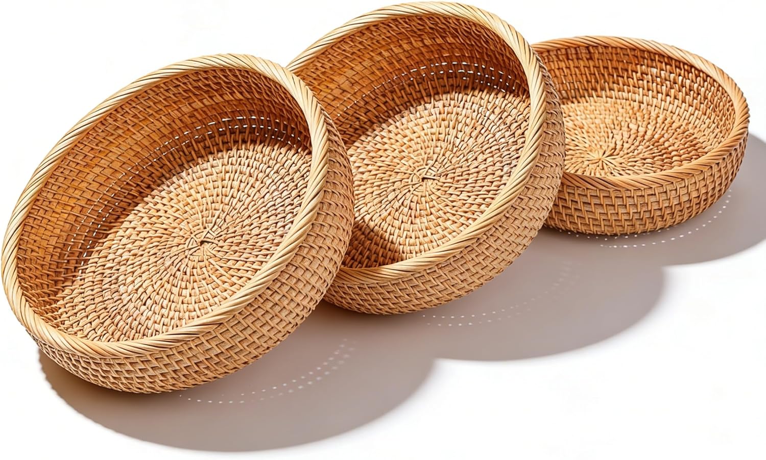 Handmade Rattan Baskets Set of 3 Round – Natural Woven Bread & Fruit Basket for Kitchen Countertop, Decorative Storage Organizer (10.2"x4.3", 9"x3.2", 7.9"x2.8")