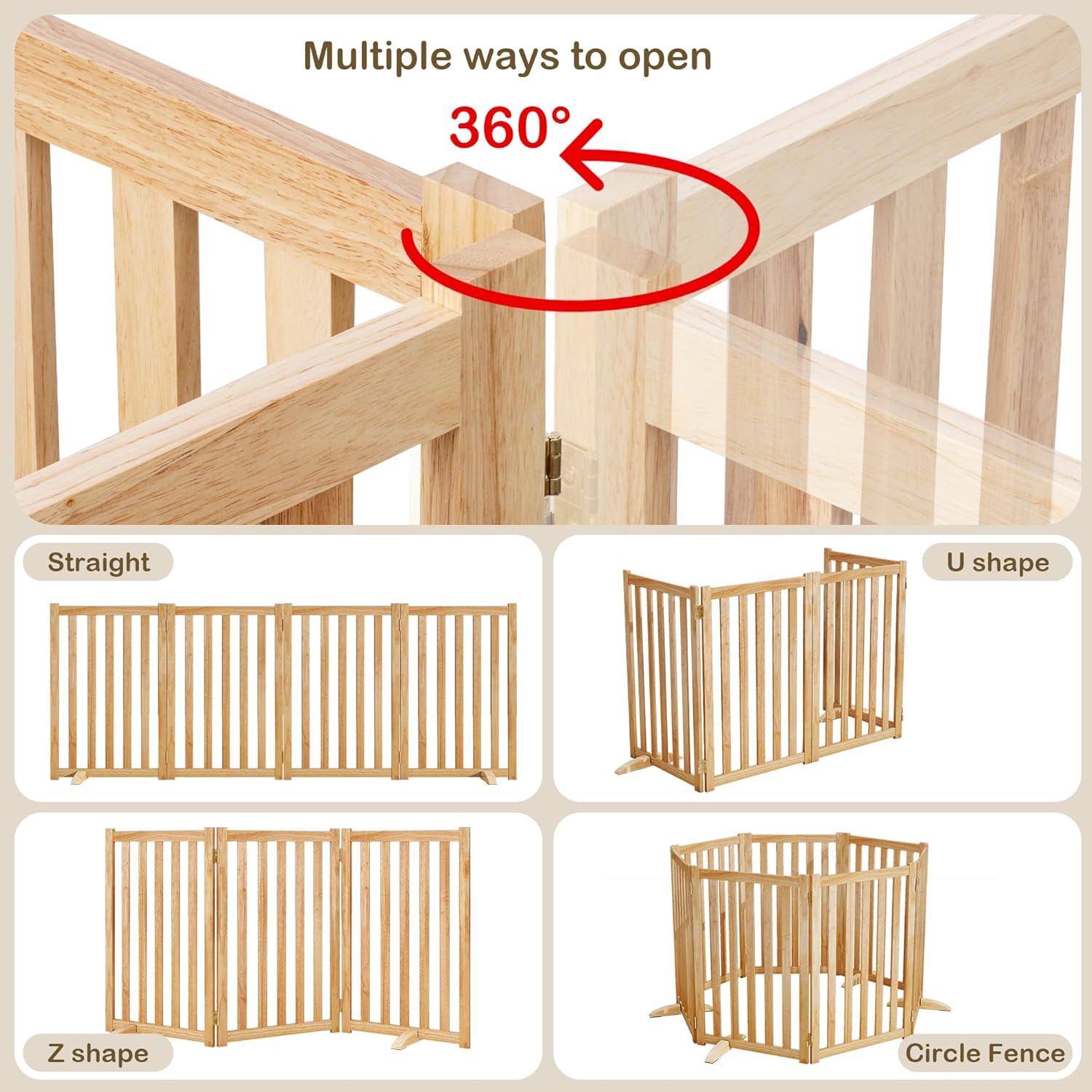 Wire Dog Gate Solid Wood Frame, Anti-Chewing, 4-Panel, 30" Height, 60" Width, Indoor Freestanding Pet Gate Foldable Wooden Dog Fences for Stairs, House, Doorway, Natural