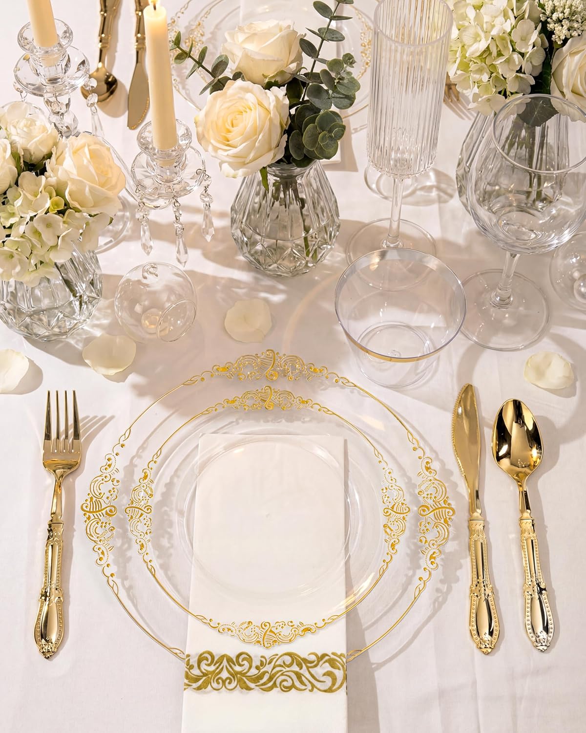 Morejoy 350PCS Clear and Gold Plastic Plates - Clear Plastic Dinnerware Set Include 50Dinner Plates, 50Dessert Plates 150Cutlery, 50Cups, 50Napkin Perfect for Party & Wedding