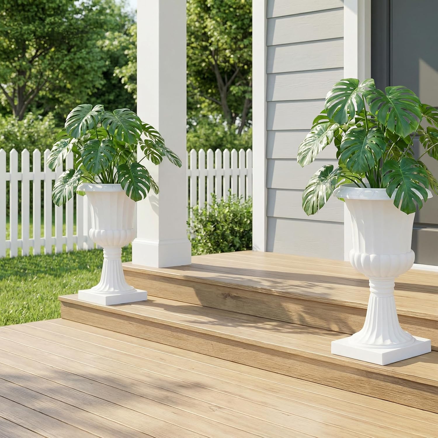 2-Pack Plastic Urn Planter 19.7" Round Classic Flower Pot,Front Porch Planters with Drainage Holes & Pedestal for Garden, Patio, Front Porch, Entryway, Walkway, Wedding, Indoor Outdoor (White)