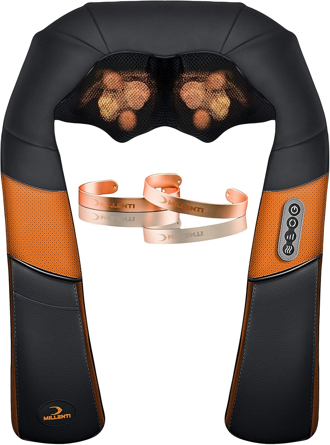 Millenti Shiatsu Back Neck Massager with Heat & Magnetic Healing Copper Bracelets - Pain Relief Deep Tissue 3D Kneading Shoulder Massagers - Up to 5.8” Tall, Black Copper, CHBNSM