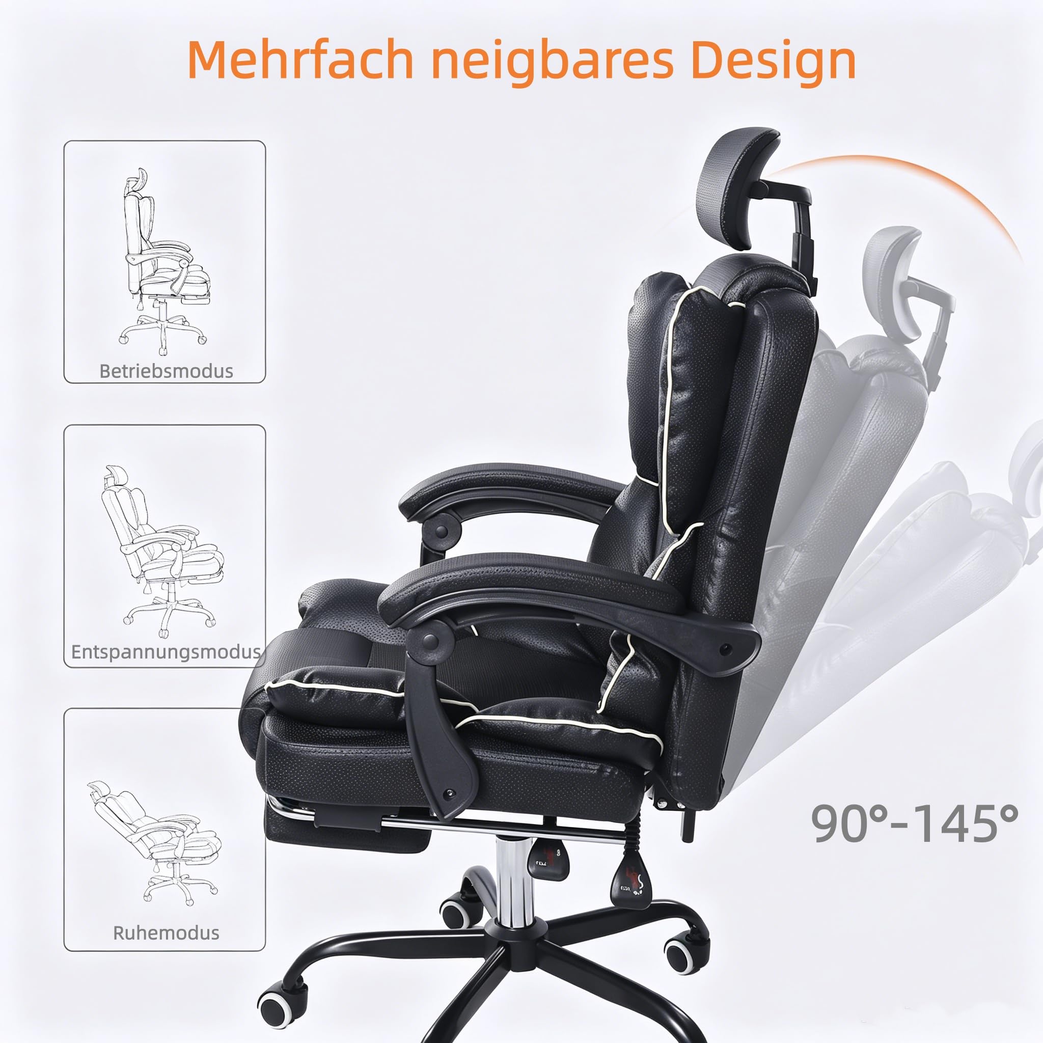 Ergonomischer Gaming‑Stuhl mit Ventilator, Luftkühler und Kühlung – Belüfteter Kühlsitz, Bürostuhl mit Liegefunktion, sanfte Vibrationsmassage, Chefstuhlmit mehrwinkliger Verstellung(Schwarz)