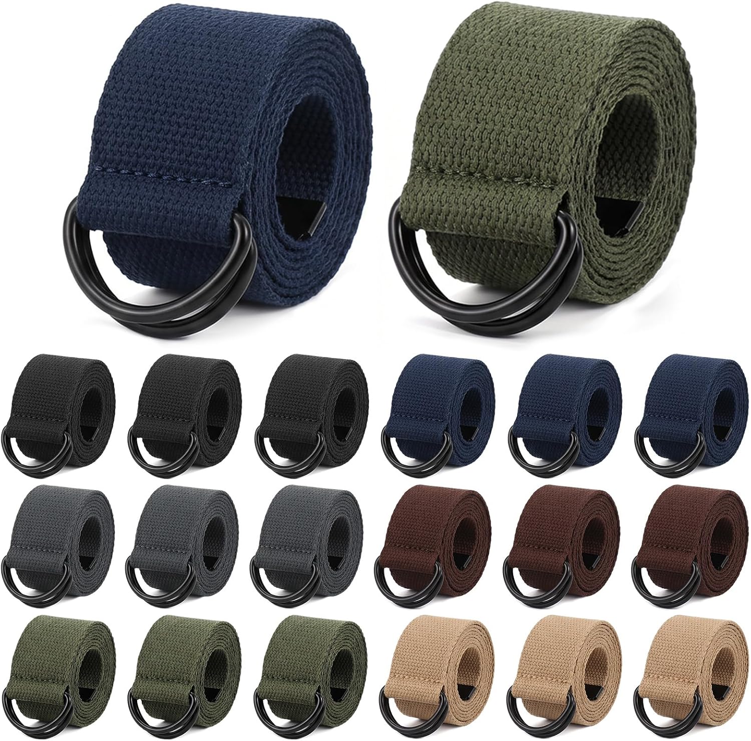 18 Pcs Canvas Belts for Men, Men's Canvas Belts Casual Adjustable Double D-Ring Web Fabric Belt Set in 6 Colors 49in Long 1.5in Wide