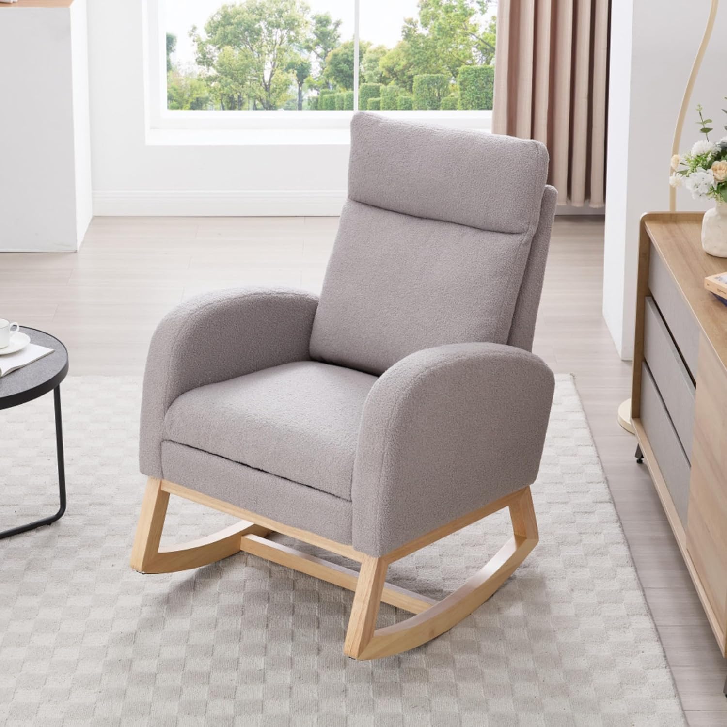 Teddy Fabric Nursery Rocker Recliner Lounge Seat Adjustable Footrest High Back Headrest Side Storage Pocket Foam Cushion Ergonomic Support Solid Wood Base Gentle Motion (Light Gray)