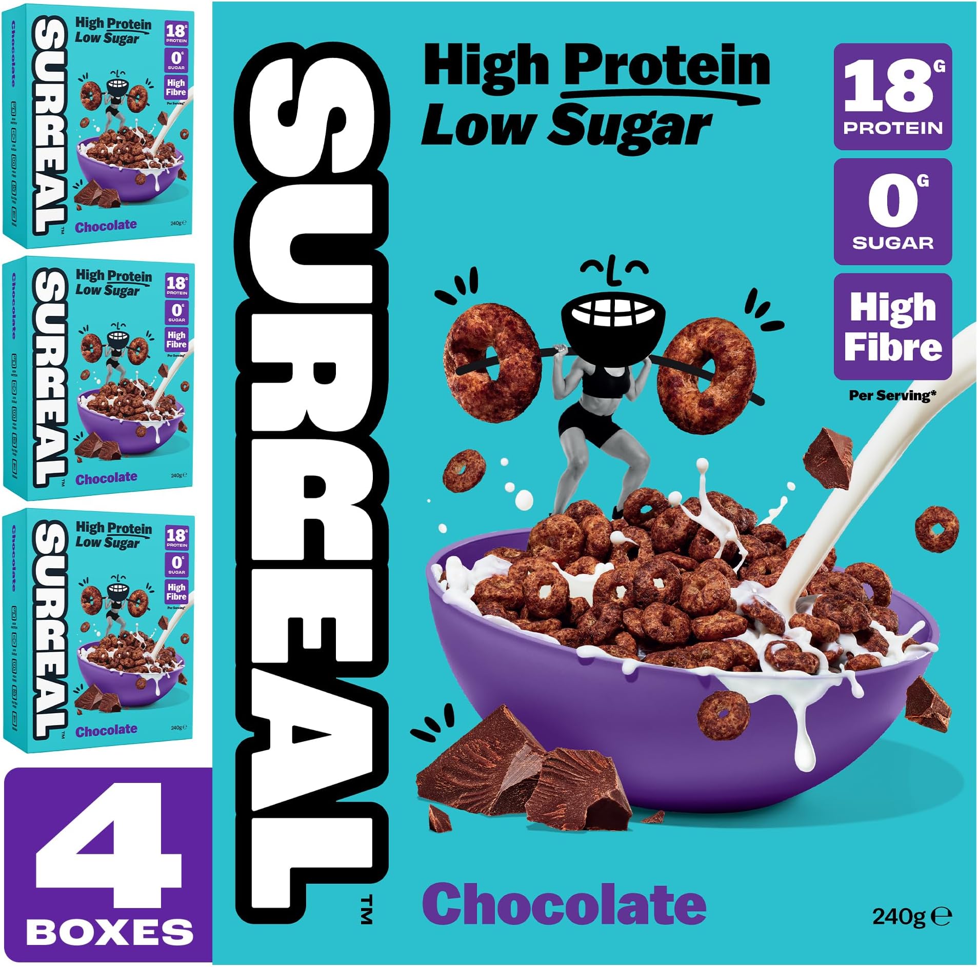 Chocolate - High Protein Cereal - Zero Sugar- Healthy Plant Based Cereal - High in Fibre - Low Carb - Gluten Free - Vegan - 18g of Protein, 0g of Sugar - 240g per Box - 4 Pack (4 x Chocolate)