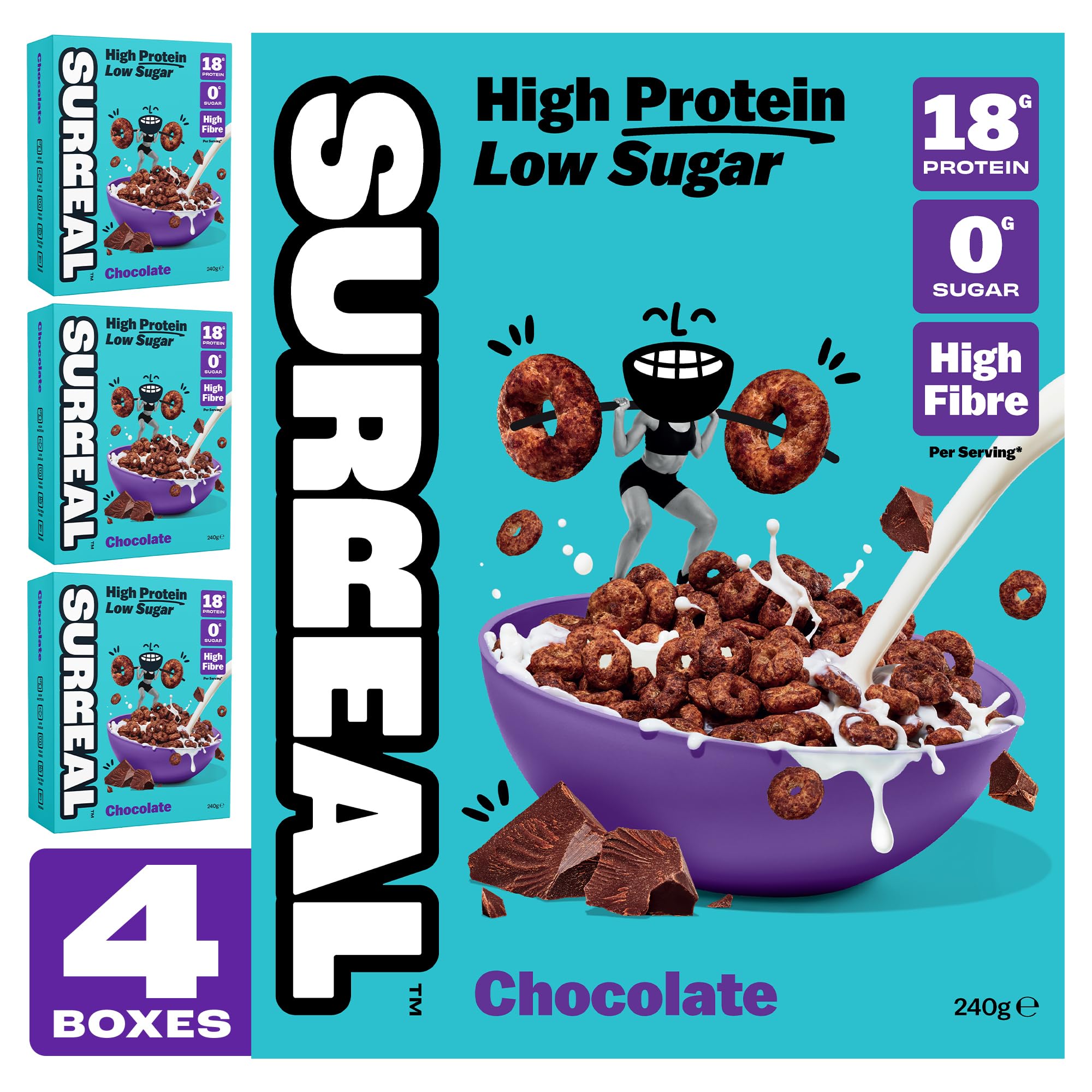 Surreal Chocolate - High Protein Cereal - Zero Sugar- Healthy Plant Based Cereal - High in Fibre - Low Carb - Gluten Free - Vegan - 18g of Protein, 0g of Sugar - 240g per Box - 4 Pack (4 x Chocolate)