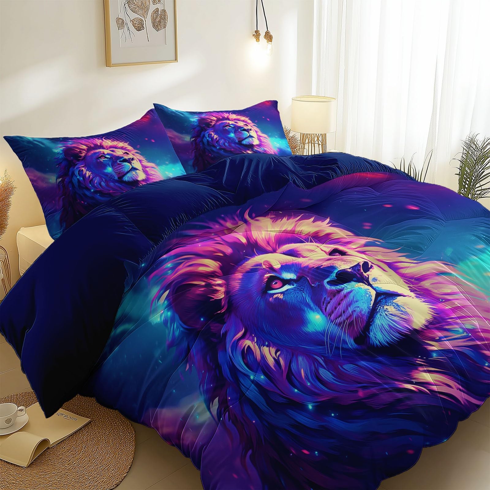 Animaux Dégradé Lion Housse de Couette 140 x 200 cm avec Taies d'oreiller, Illustration Rêveuse Bleu Foncé 100% Microfibre Parure de Lit, pour Enfants garçons
