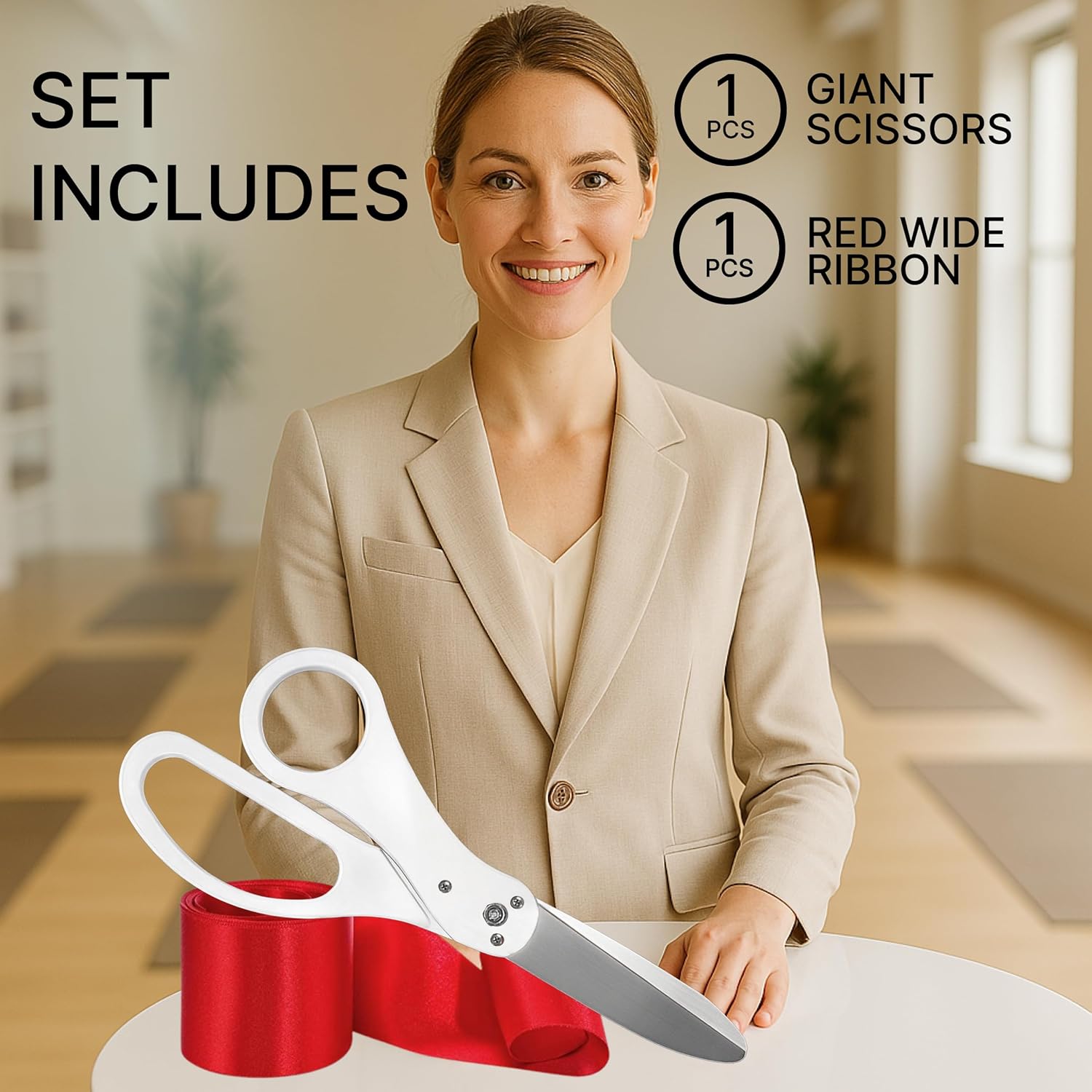20 Inch White Giant Scissors – Extra Large Ceremonial Cutting Tool with Red Ribbon for Grand Opening Event Supplies Decorations and Business Celebrations