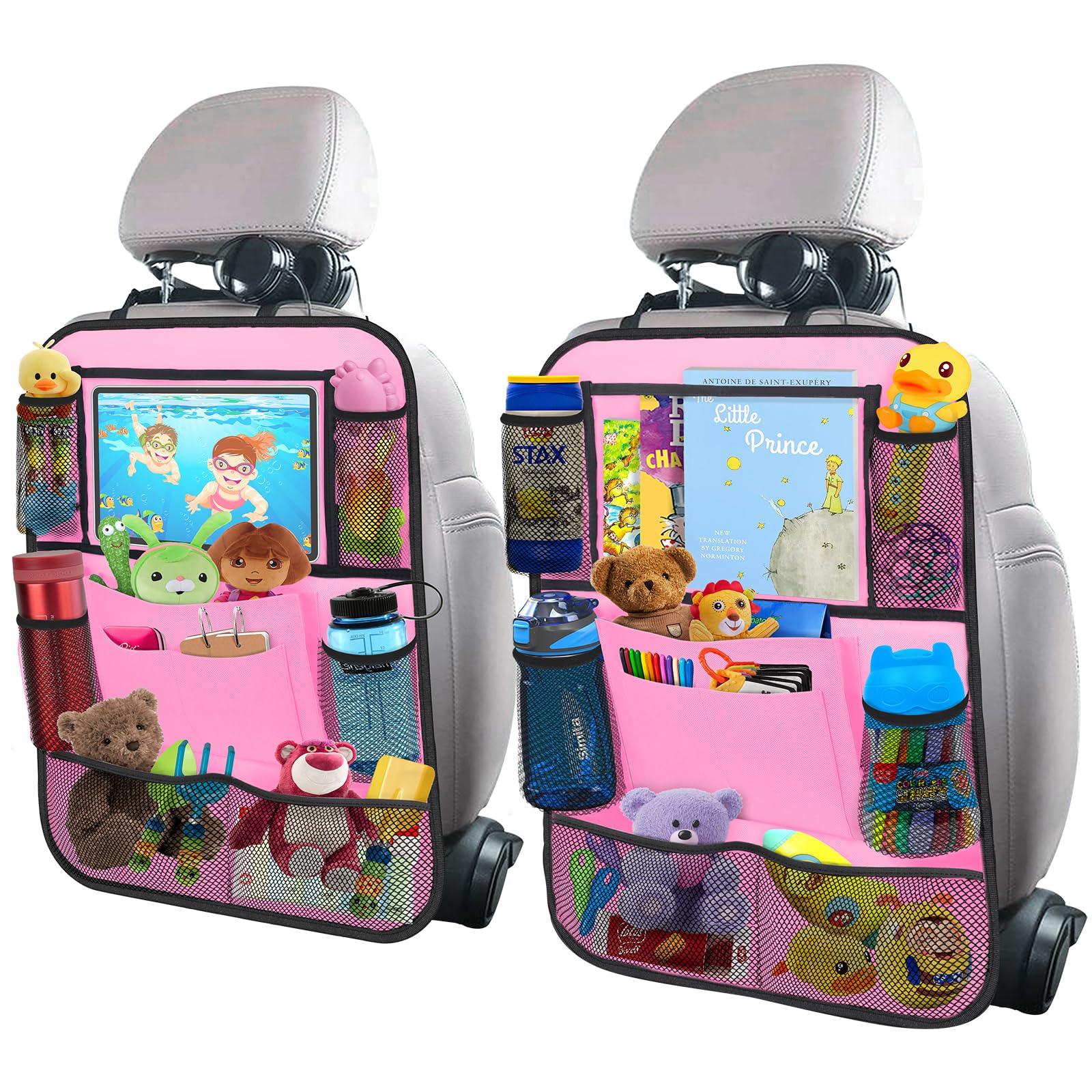 ULEEKA Car Backseat Organizer with 11" Table Holder, 10 Storage Pockets Seat Back Protectors Kick Mats for Kids Toddlers, Travel Accessories, 2 Pack,