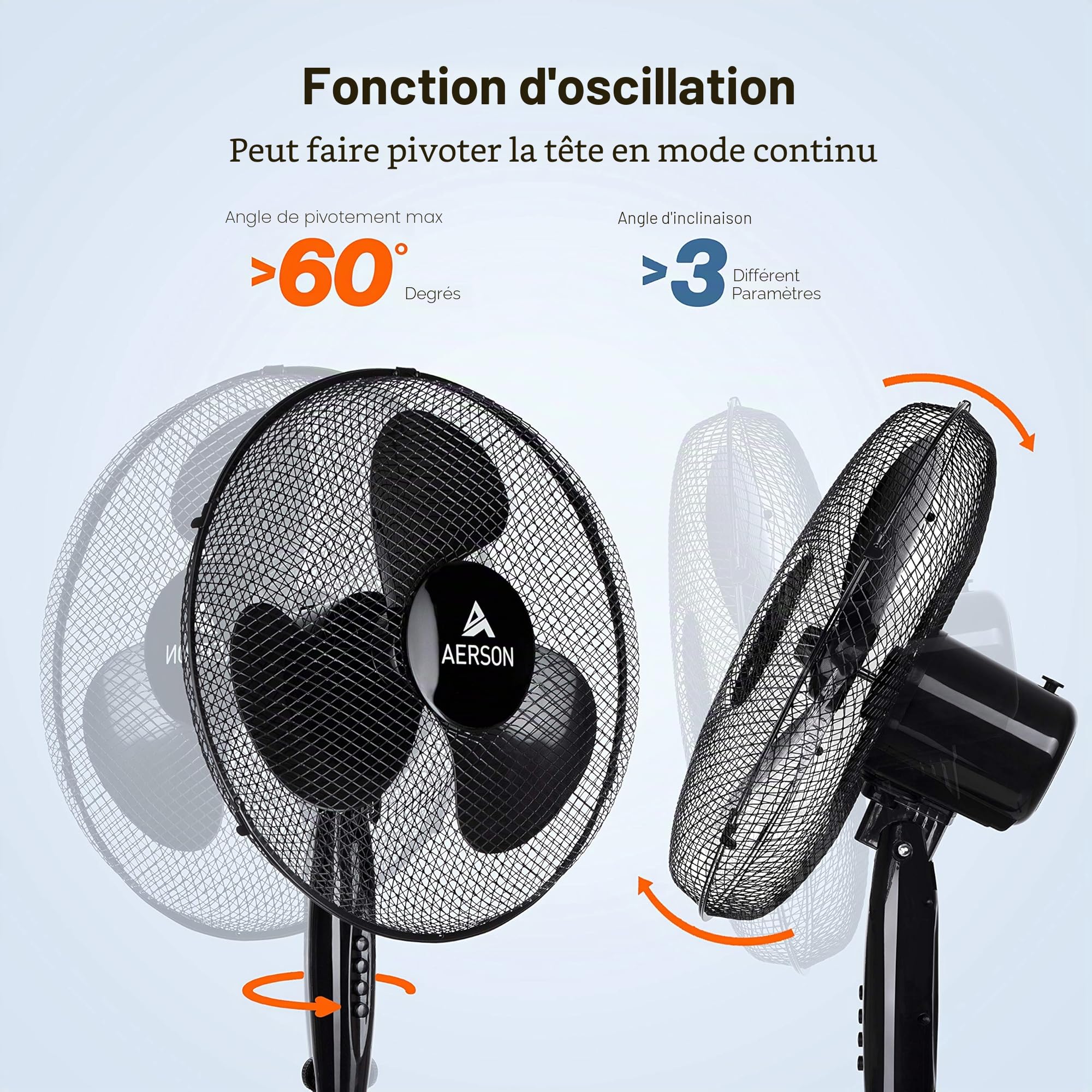 AERSON Ventilateur sur pied 40 cm | Ventilateur réglable en hauteur jusqu'à 120 cm | Débit d'air élevé et très silencieux | Éolienne avec 3 vitesses | Fonction d'oscillation env. 80°