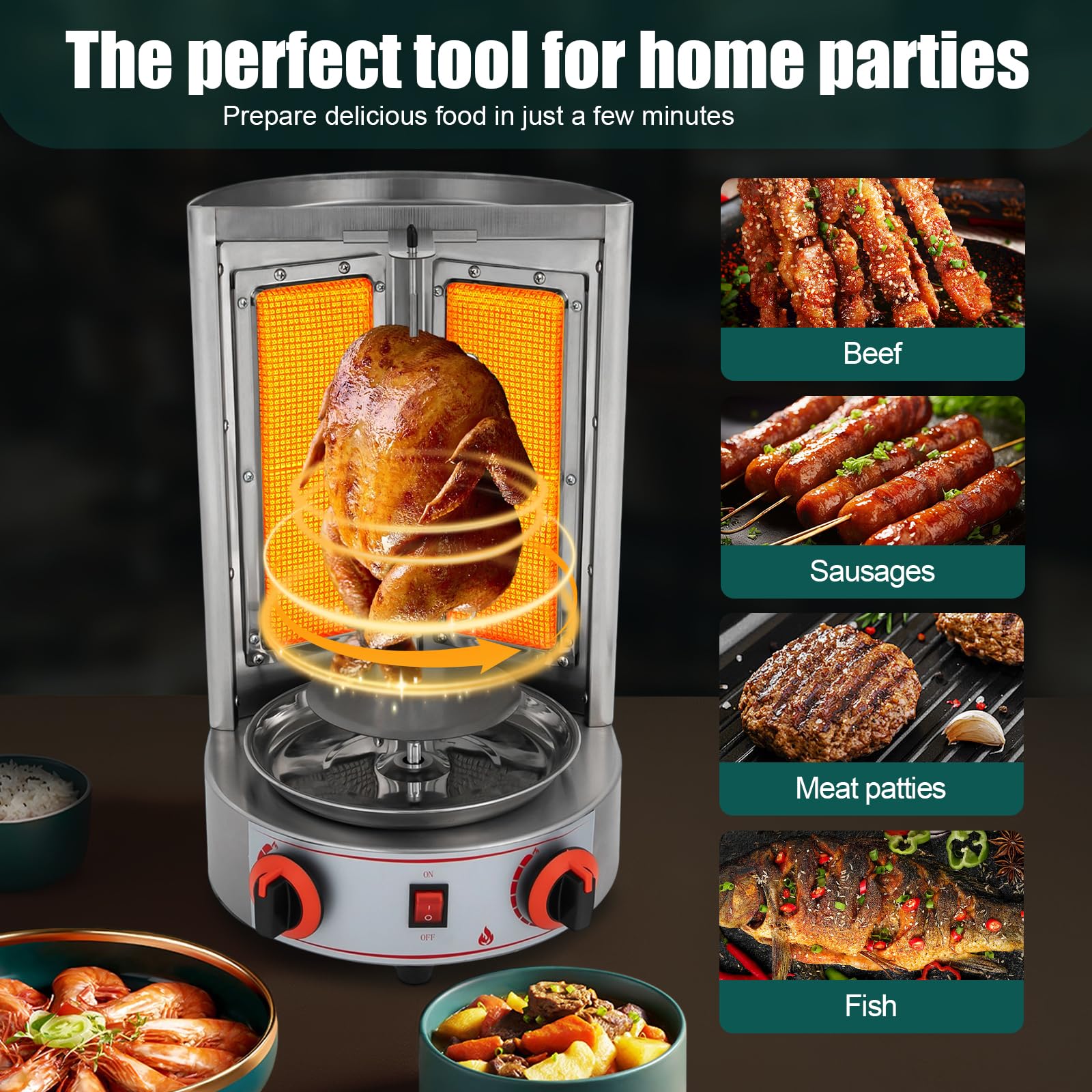 Barbacoa de gas de 4300 W, 220 V, pincho de kebab de 360°, máquina de kebab de gas, barbacoa de acero inoxidable, parrilla vertical para casa, parrilla de pollo, parrilla de mesa para vacuno, cerdo