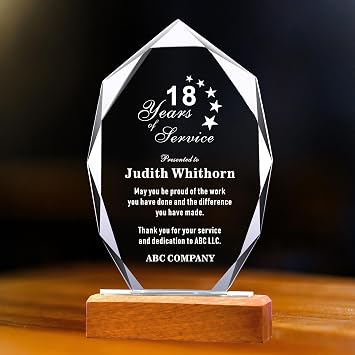 Personalized 9" Glass Award with Solid Wooden Base, K9 Crystal Clear Custom Appreciation Plaque for Retirement Employee, Manager, Boss, Engraved Trophy with Customized LOGO, Name and Messages