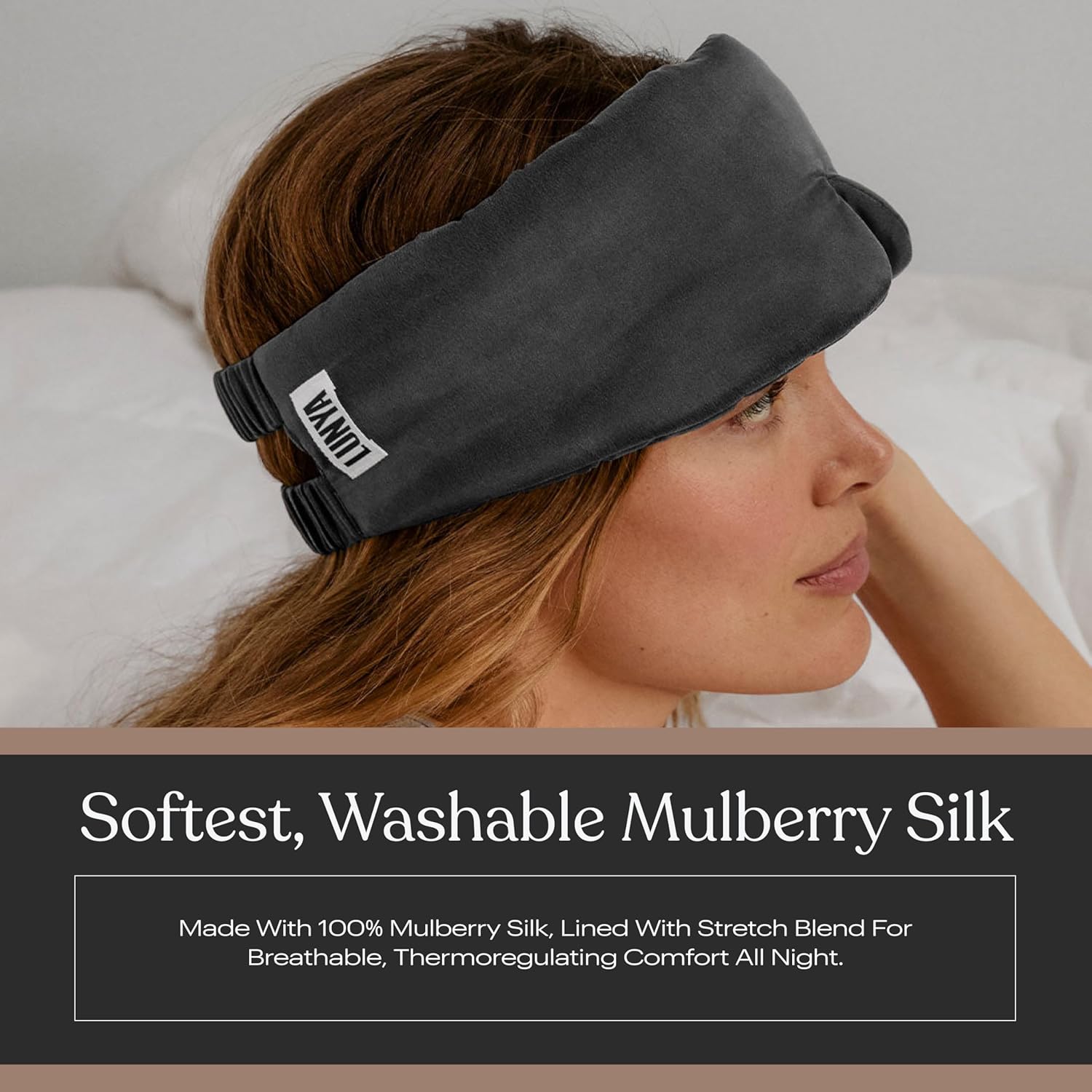 Lunya Weighted Silk Sleep Mask – Mulberry Silk Eye Cover with Cooling Glass Beads, Noise-Reducing Fit, Washable Fabric, and Travel Pouch – Sleeping Mask for Men and Women - Meditative Grey – Large - Image 5