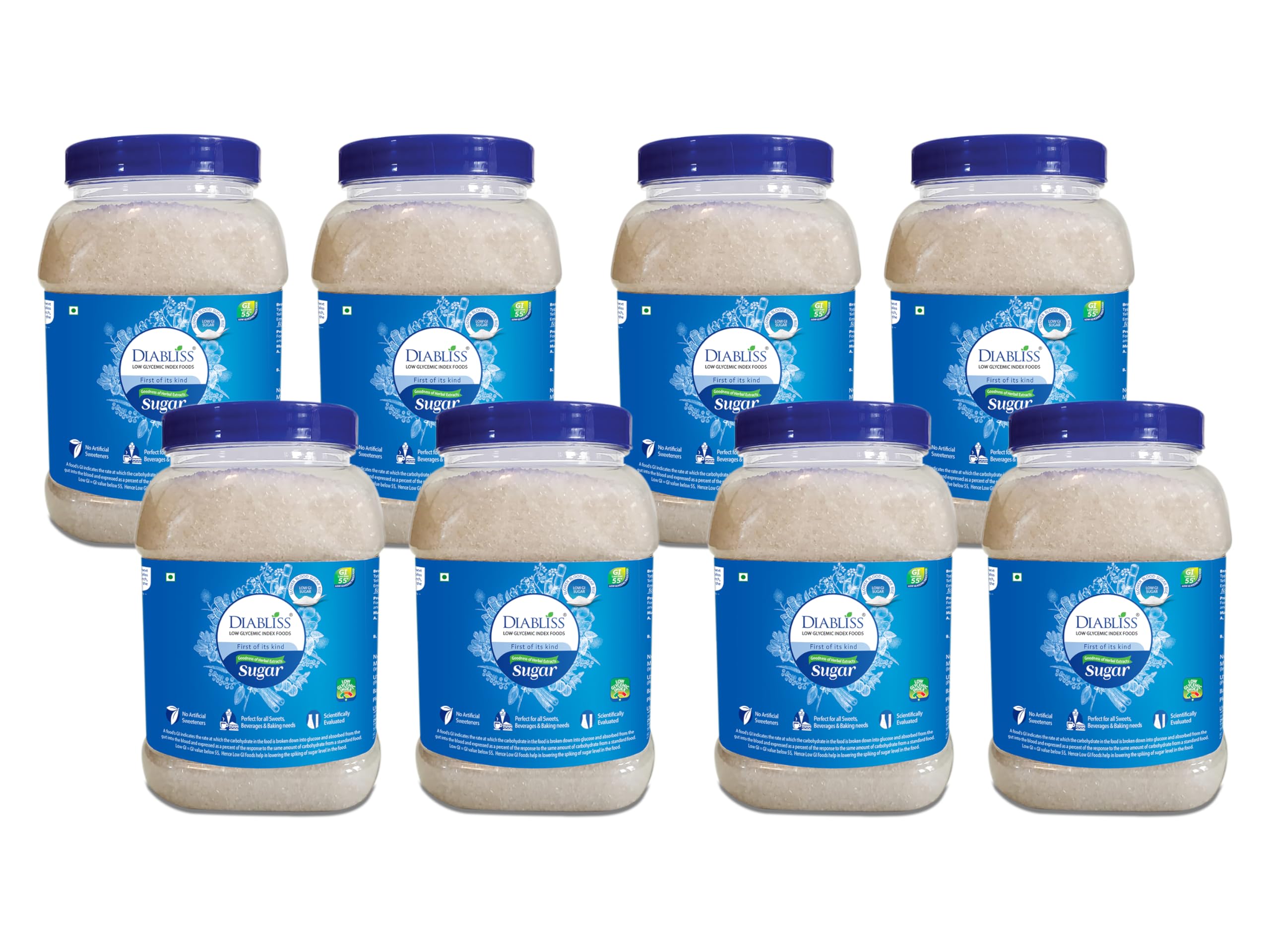 Diabliss Herbal Cane Sugar - Free from Chemicals/Artificial Sweeteners - Low Glycemic Index (GI) - 1Kg Reusable Jar (1Kg (Packof 8))