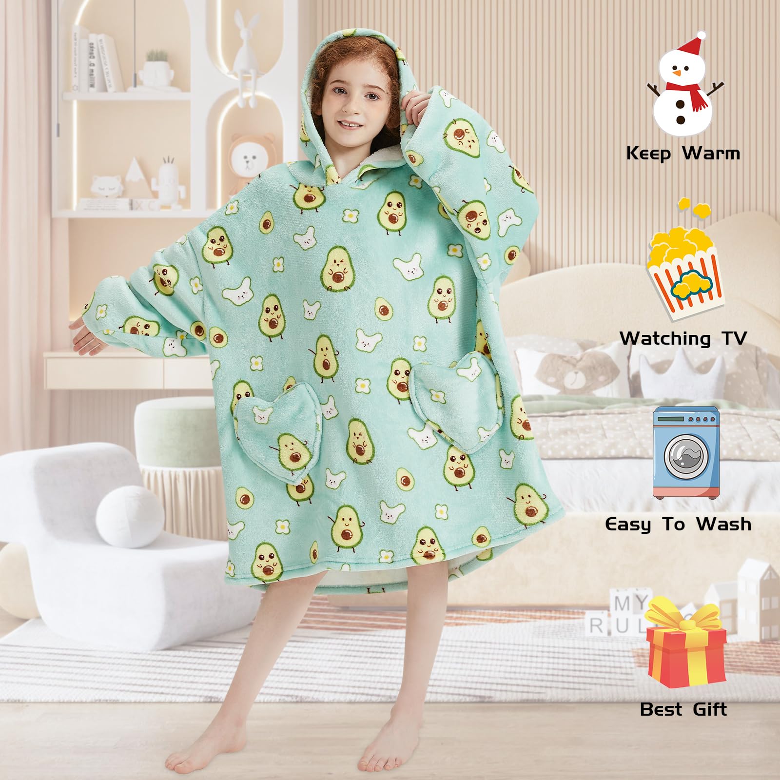 Mewkou Wearable Blanket Hoodie for Kids Oversized Sherpa Blanket Hoodie for Kids Boys Girls Teens 6-13YR,Green Avocado