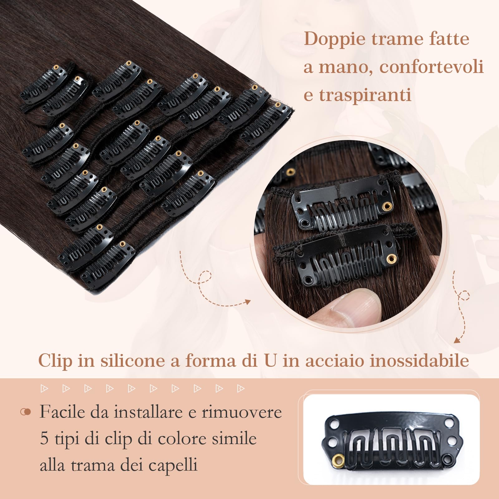 8pz Extension Capelli Veri Clip, 35cm Extension Clip Capelli Veri, 60g Remy Umani Naturali Capelli Extension Con Clip #2 Marrone Scuro
