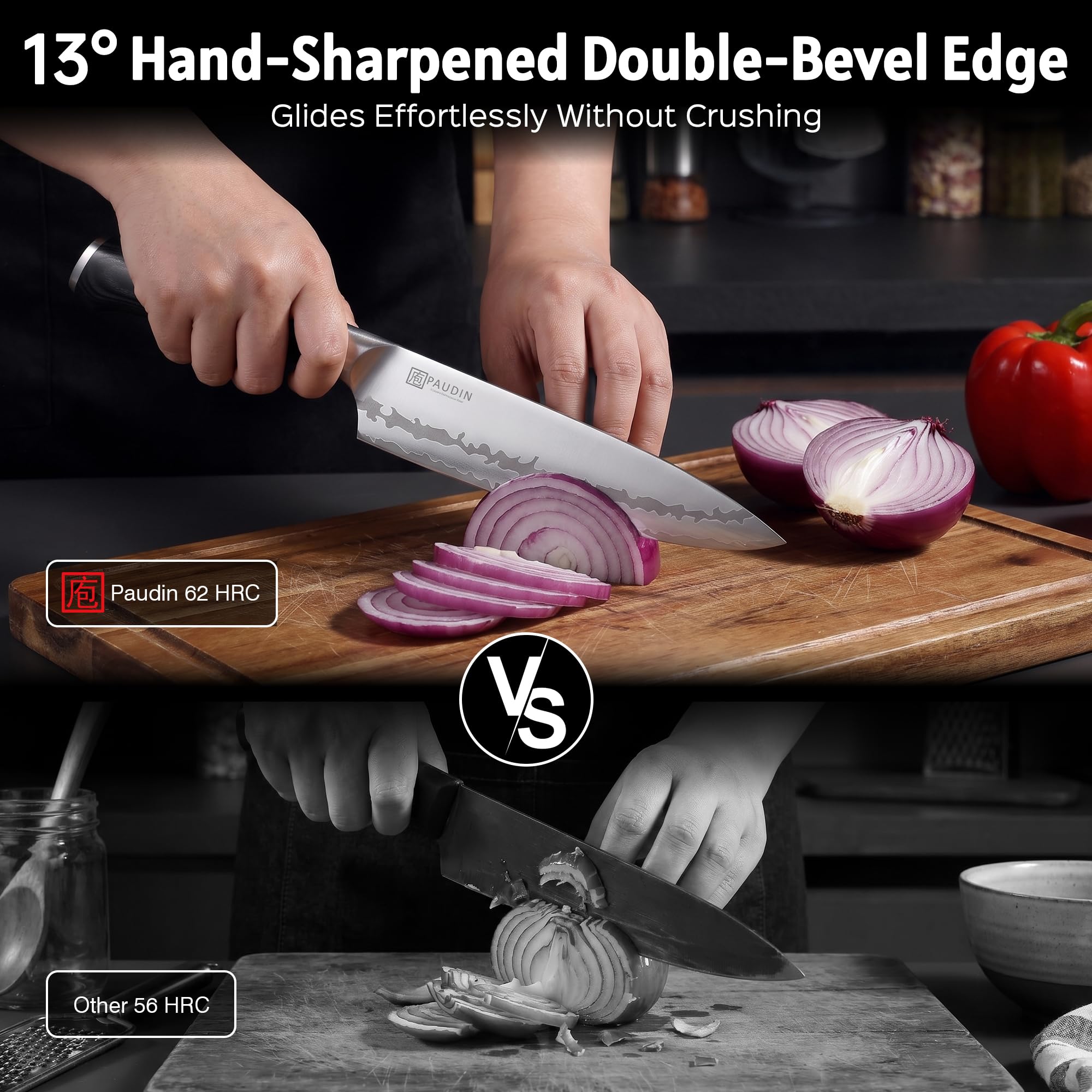 PAUDIN Chef Knife 8 Inch, Ultra Sharp Kitchen Knife 62 HRC, 9-Layer High Carbon Steel Professional Chefs Knife with Full Tang Ergonomic Wood Handle, Meat Vegetable Slicing Knife,Gift for Men Women — Amazon image 3