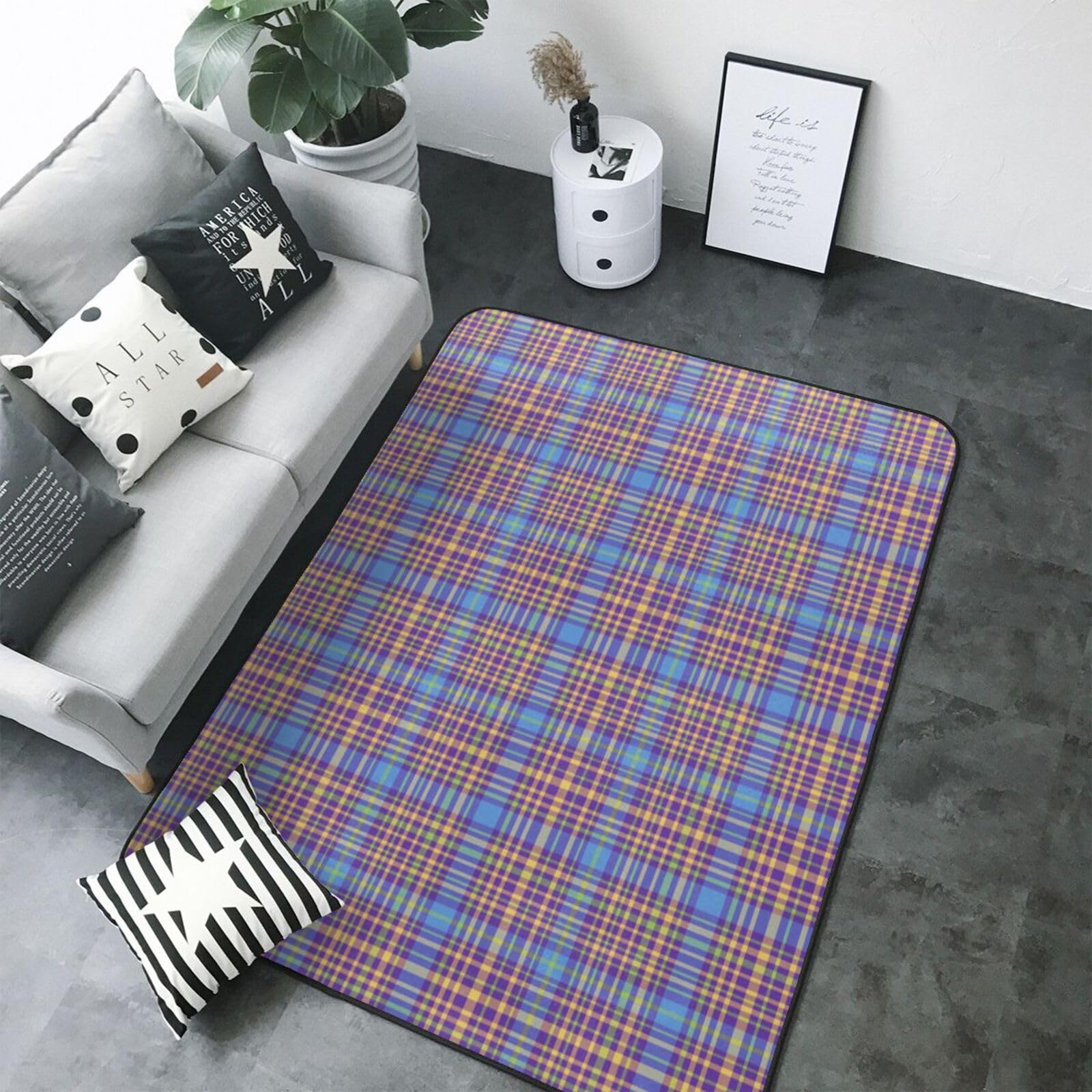 Tapis salon bleu écossais lavable grand format pour chambre et salle à manger