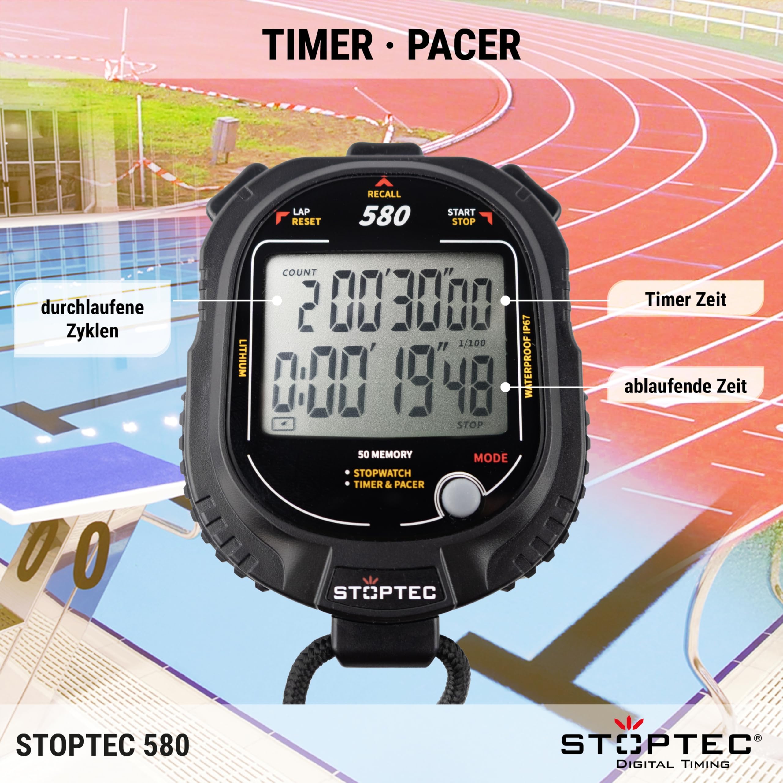Stoptec Cronometro 580, grande display a 2 righe, meccanismo a punto di pressione, 50 memorie, timer, Pacer, resistente alla polvere e all'acqua (IP67)