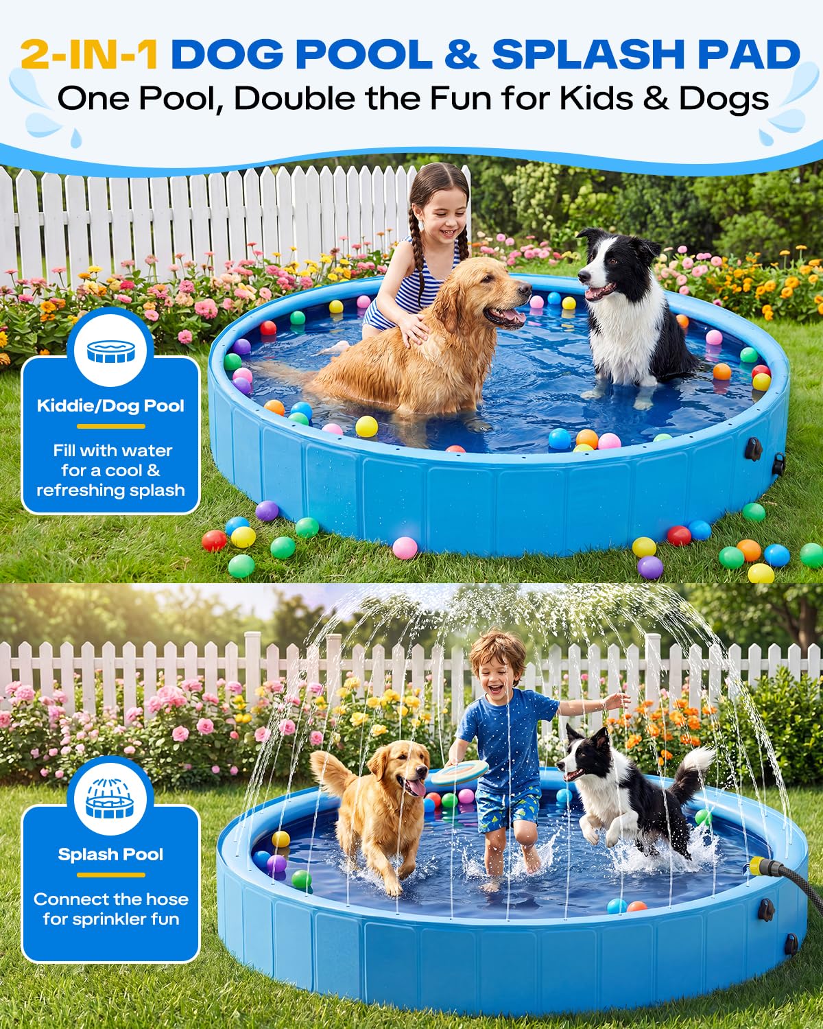 Raxurt Faltbarer Hundepool mit Sprühkopf, 79inch strapazierfähiger Hundepool, 2-in-1 rutschfeste PVC-Badewanne für Haustiere für den Außenbereich im Garten