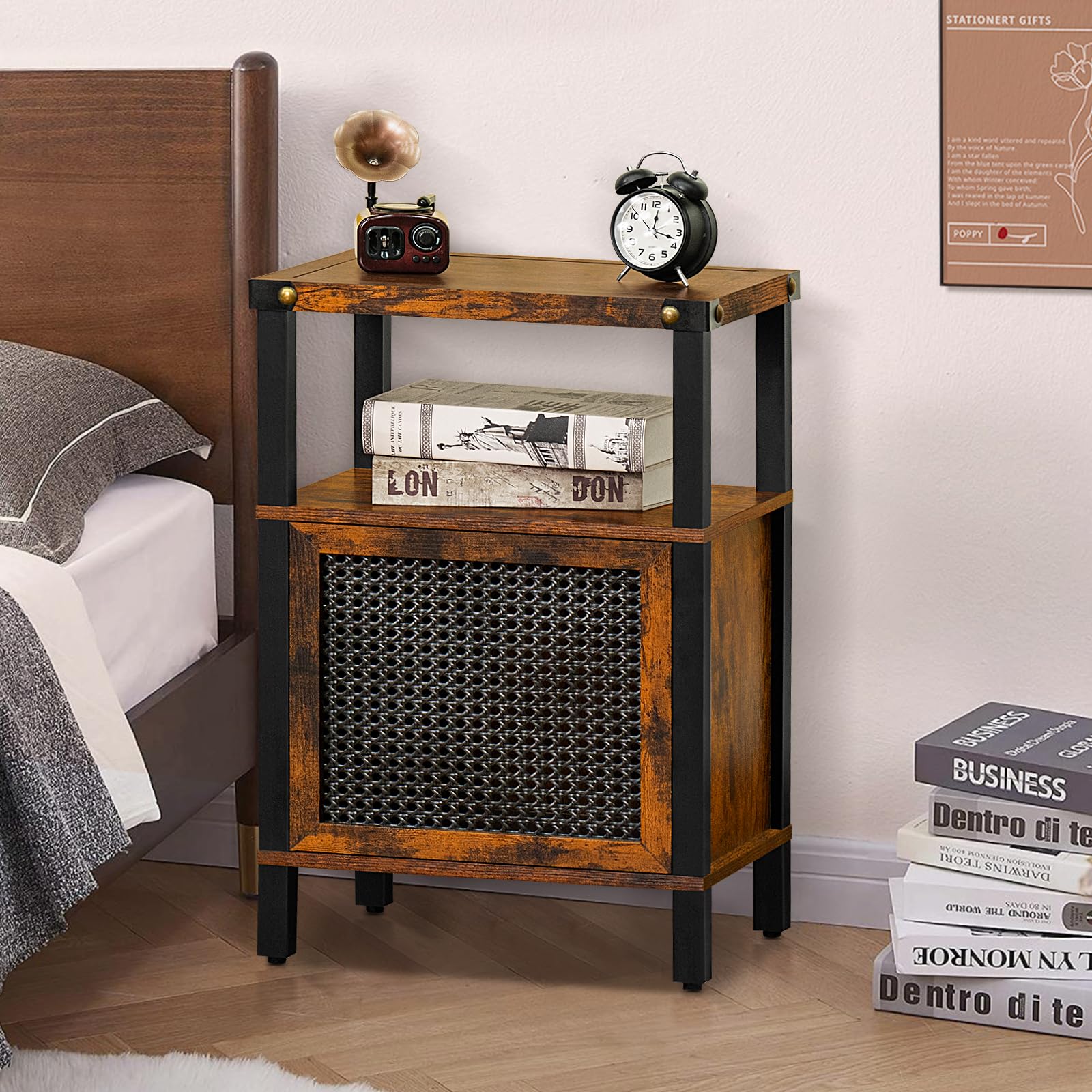 Lerliuo Rattan Nightstand, Side End Table with Handmade Natural Rattan Door and Open Shelf, Rustic Brown Wood Accent Night Stand with Storage, Modern Bedside Tables for Bedroom, Living Room