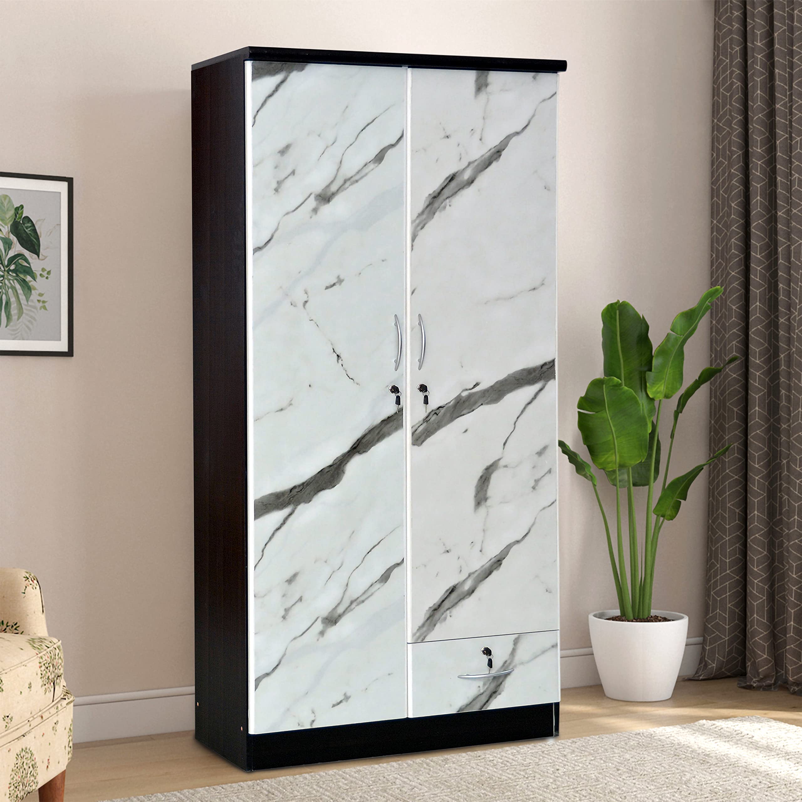 Multi Home Furniture Modern design 2 Door Marble & Wooden Wardrobe Cabinet Cupboard Engineered Wood Perfect Modern Stylish Heavy Duty MH-R621-WHITE,Black