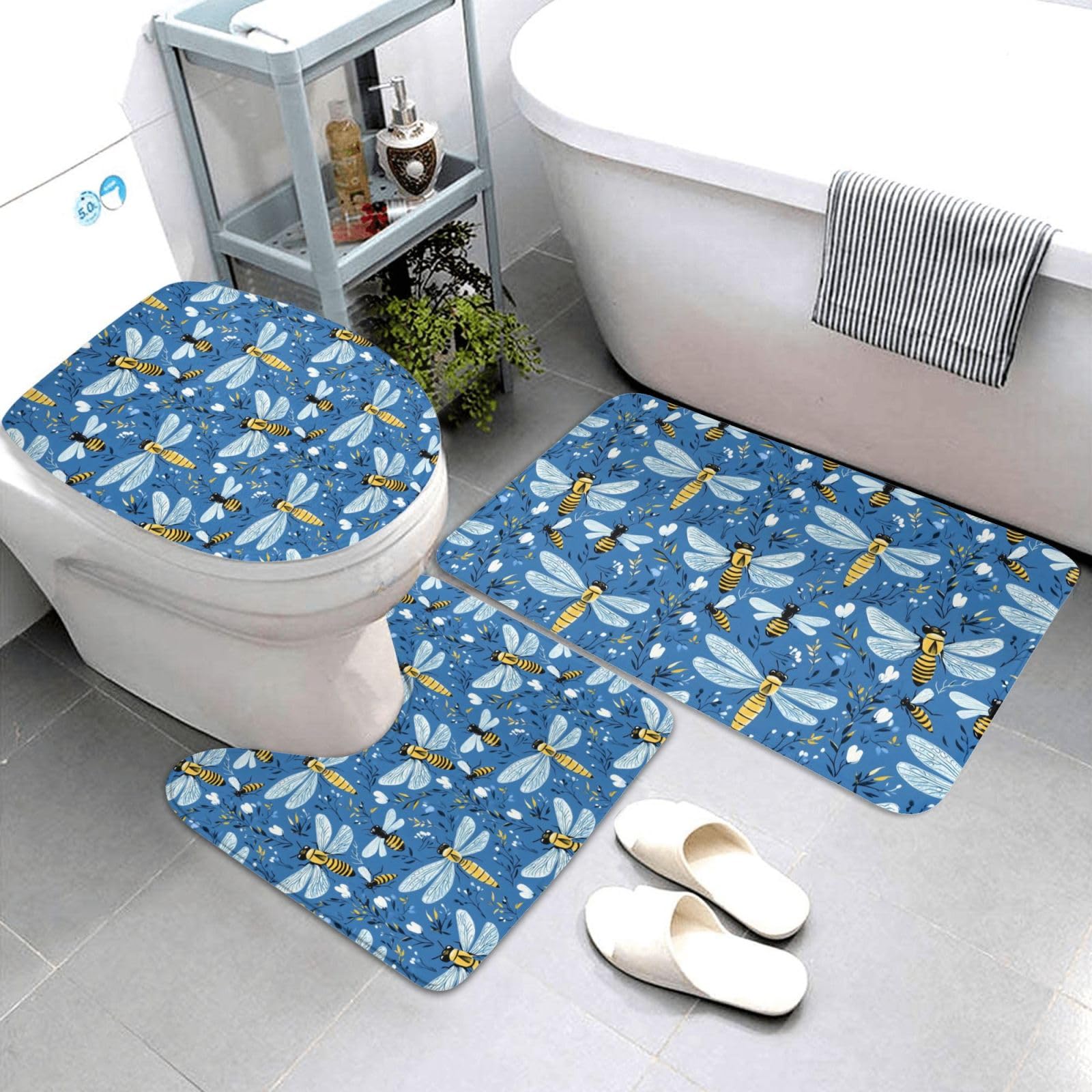 Tapis de salle de bain doux lavable et absorbant avec motif libellule bleue