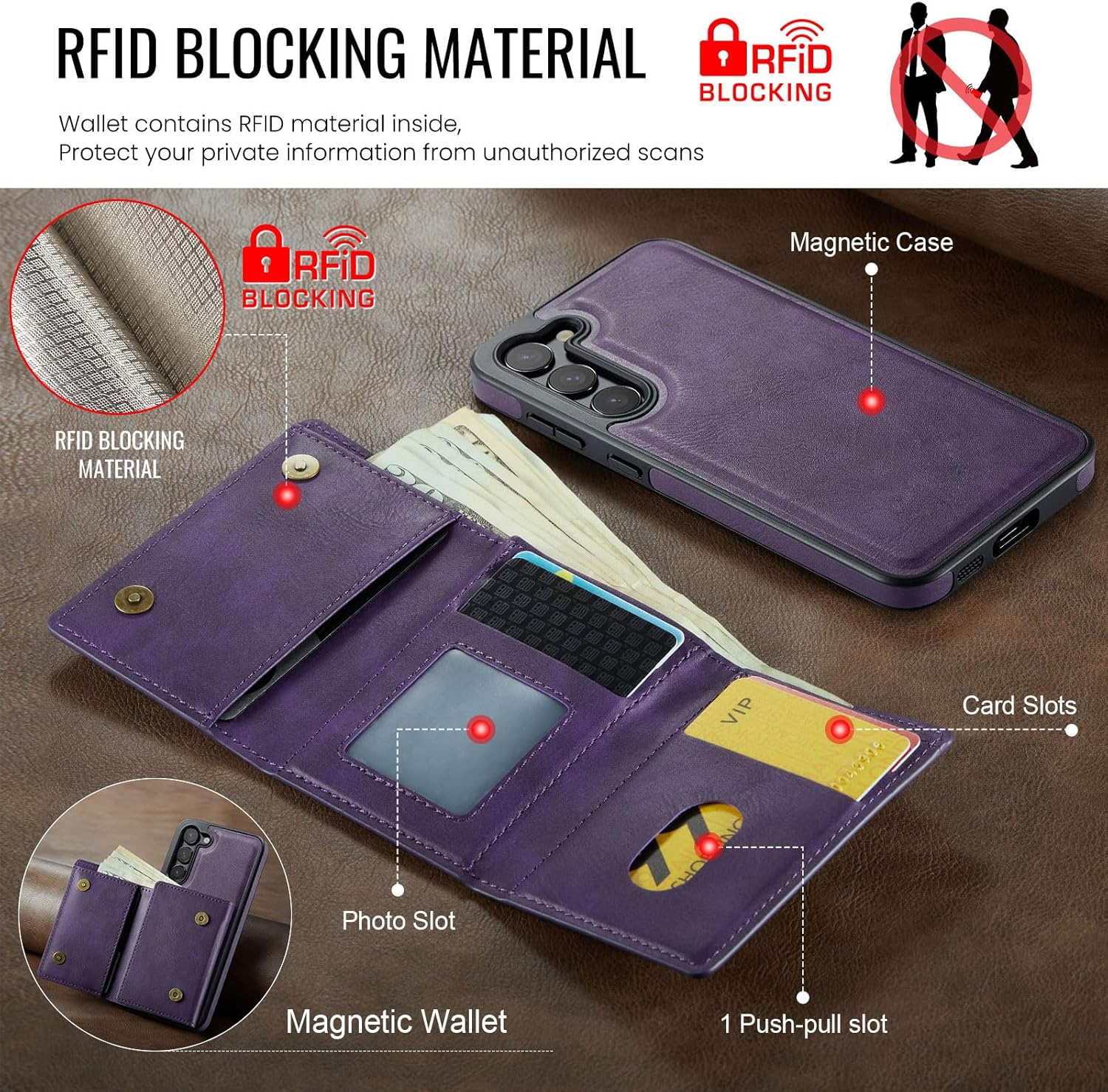 Asuwish Phone Case for Samsung Galaxy S23 5G Wallet Magnetic Detachable Cell Cover with Wireless Charging and RFID Blocking Credit Card Holder Stand S 23 23S GS23 G5 SM-S911U 6.1 inch Women Men Purple