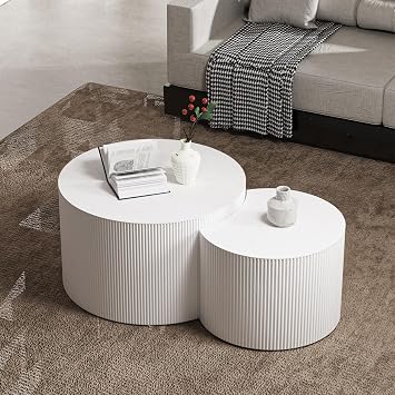 Round Nesting Coffee Table Set 2 Piece, Drum Modern Stackable Side Table for Living Room/Bedroom Small, Space-Saving Accent Furniture with Scratch-Resistant Design A White 27.56 in
