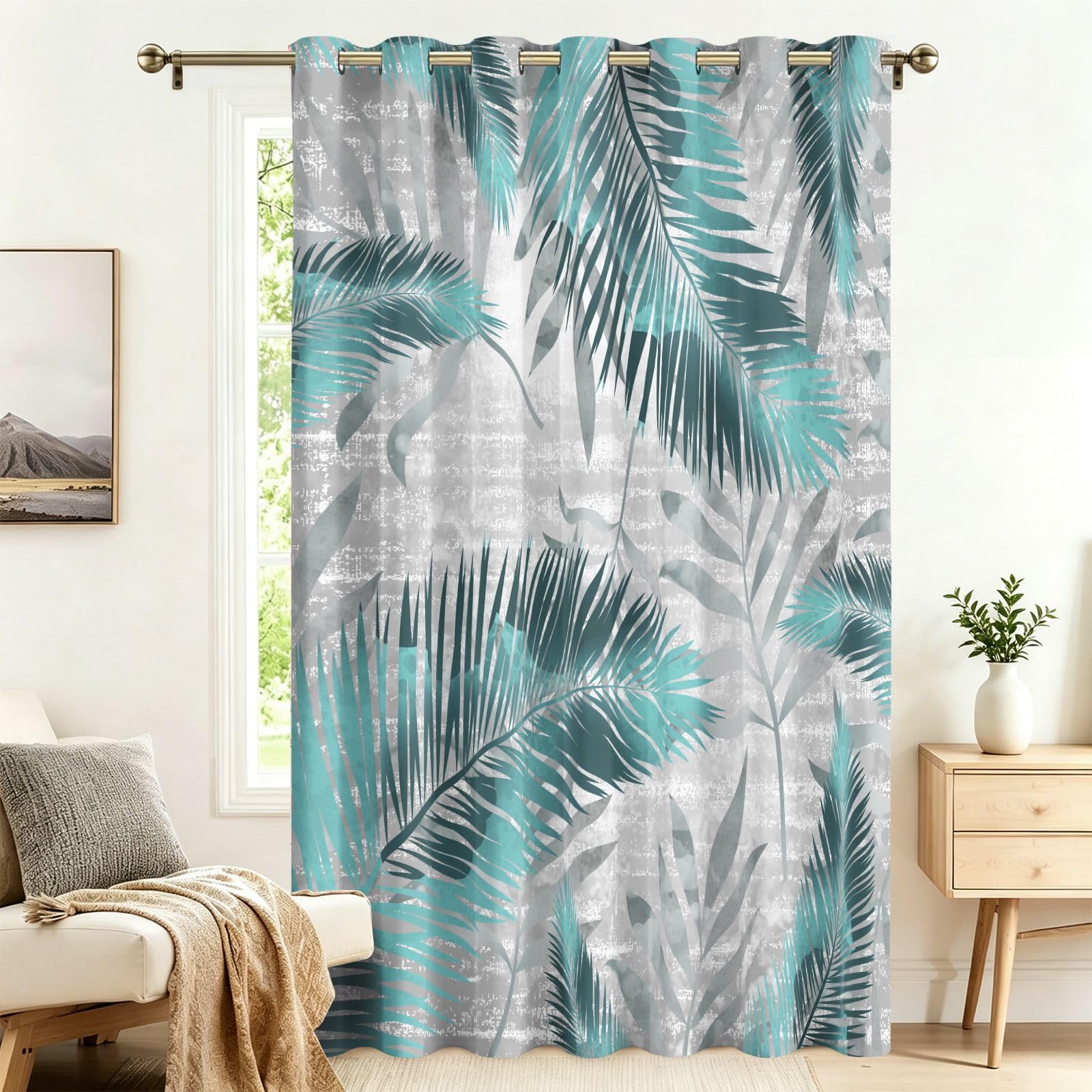 Rideau occultant 210x200 à œillets avec motif de feuilles de palmier rétro