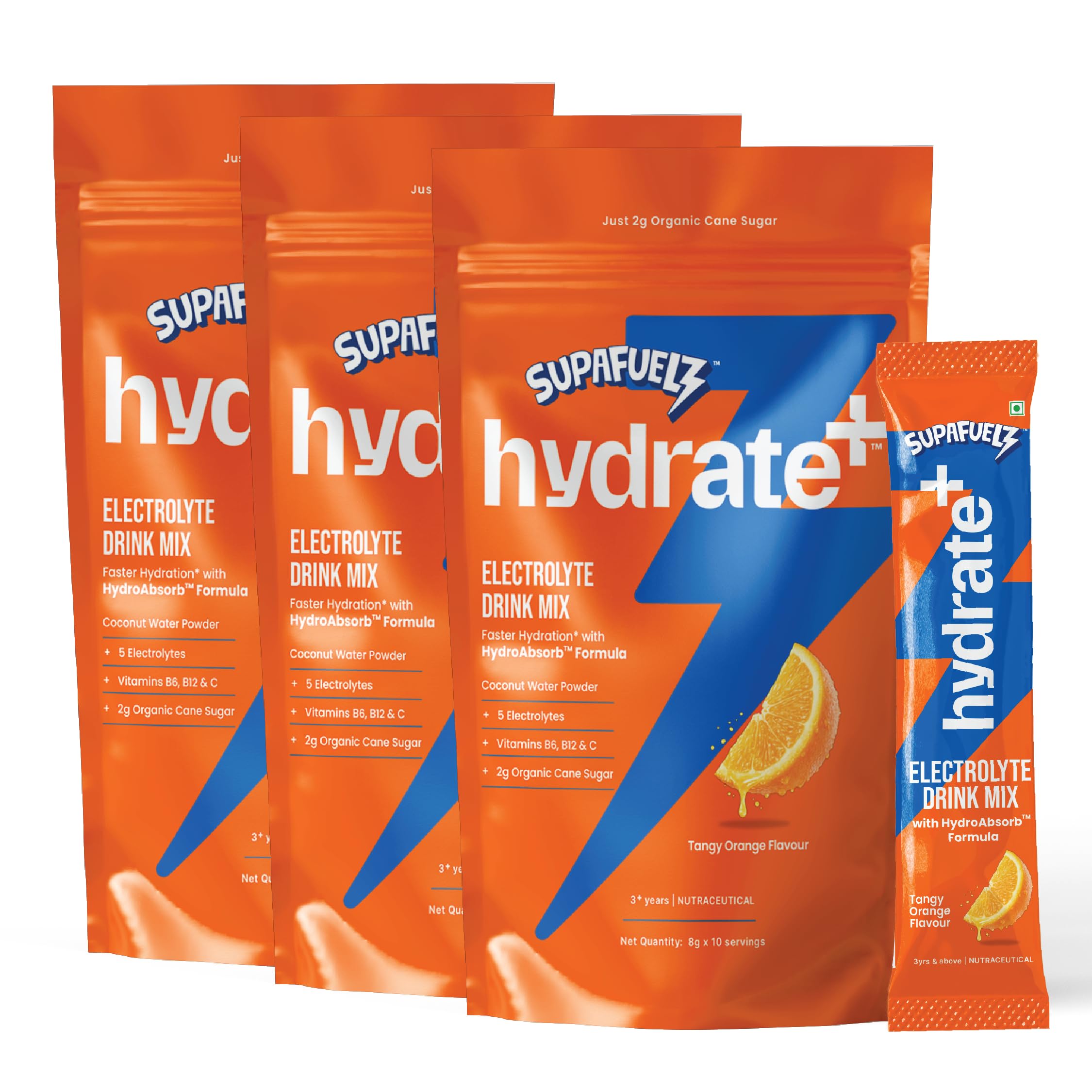 Hydrate+ Kids Electrolyte Powder | Coconut water 5 salts 3 vitamins | Orange (30 x 8g) (Pack of 3)-picture-30