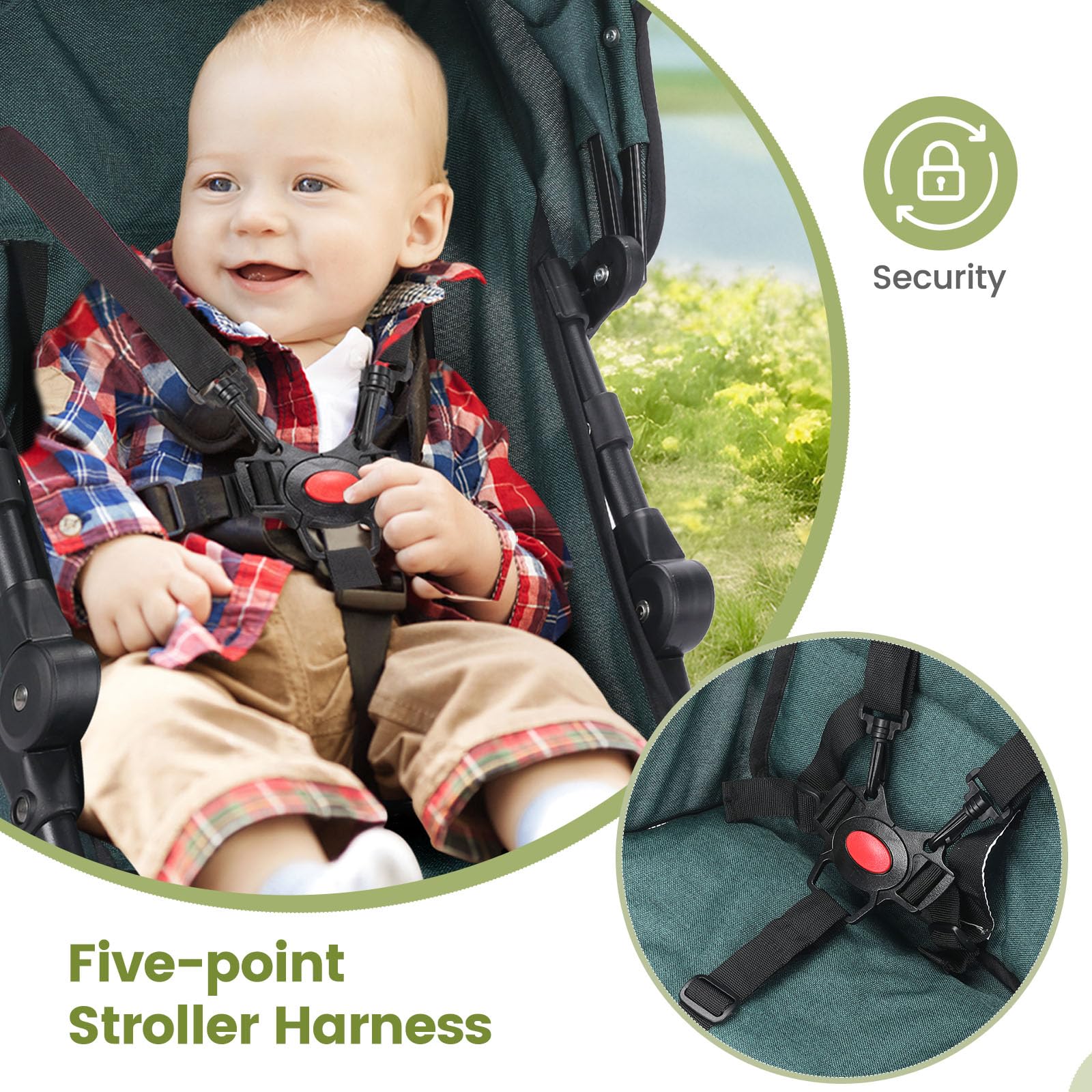Faltbar Regenschirm Kinder-Buggy Kinderwagen, Leicht Regulierbarer 5-Punkt-Sicherheitsgurt, Zusammenklappen mit einer Hand, großes Verdeck, Robuster alle 4 Räder gedämpft, Einkaufskorb (Dunkelgrün)