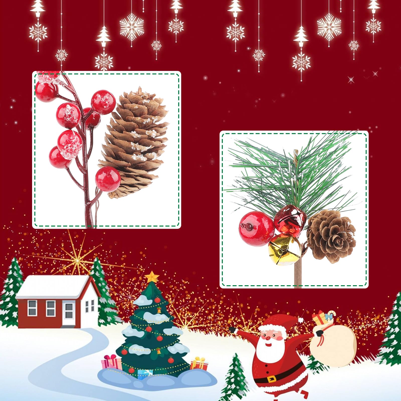 Songjum 36 PCS Artificial Christmas Pine Picks Christmas Berries Artificial Stem with Pinecones Apples Bells Christmas Flower Picks for Christmas Tree Wreath Arrangement Winter Holiday Decor - Image 3