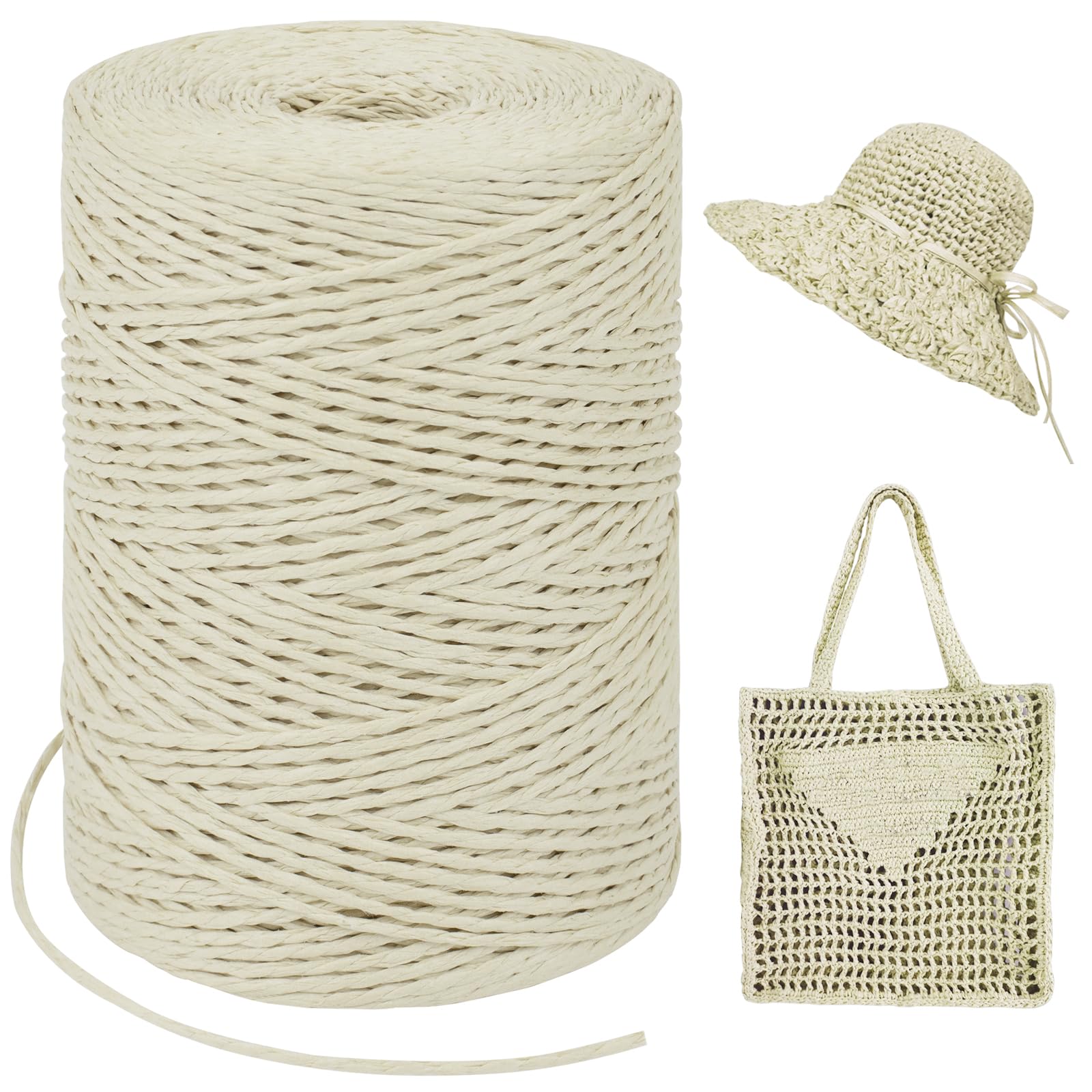 Milky White Raffia Yarn for Crochet Bags, 1.5mm x 328 Yards Round String Ribbon for Gift Wrapping, Paper Yarn for Crocheting Sun Hat, Bag, DIY Crafts, Holiday Decoration