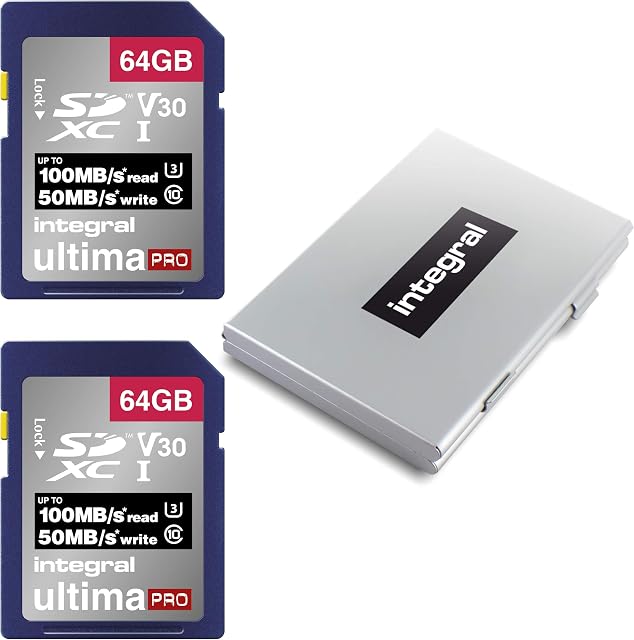 Integral 64GB 2-pack SD Card with a 6 Slot Protective Metal Card Case - 4K Ultra-HD Video Premium High Speed Up to 100MB/s Read Speed - SDXC V30 UHS-I U3 Class 10 SD Memory Card