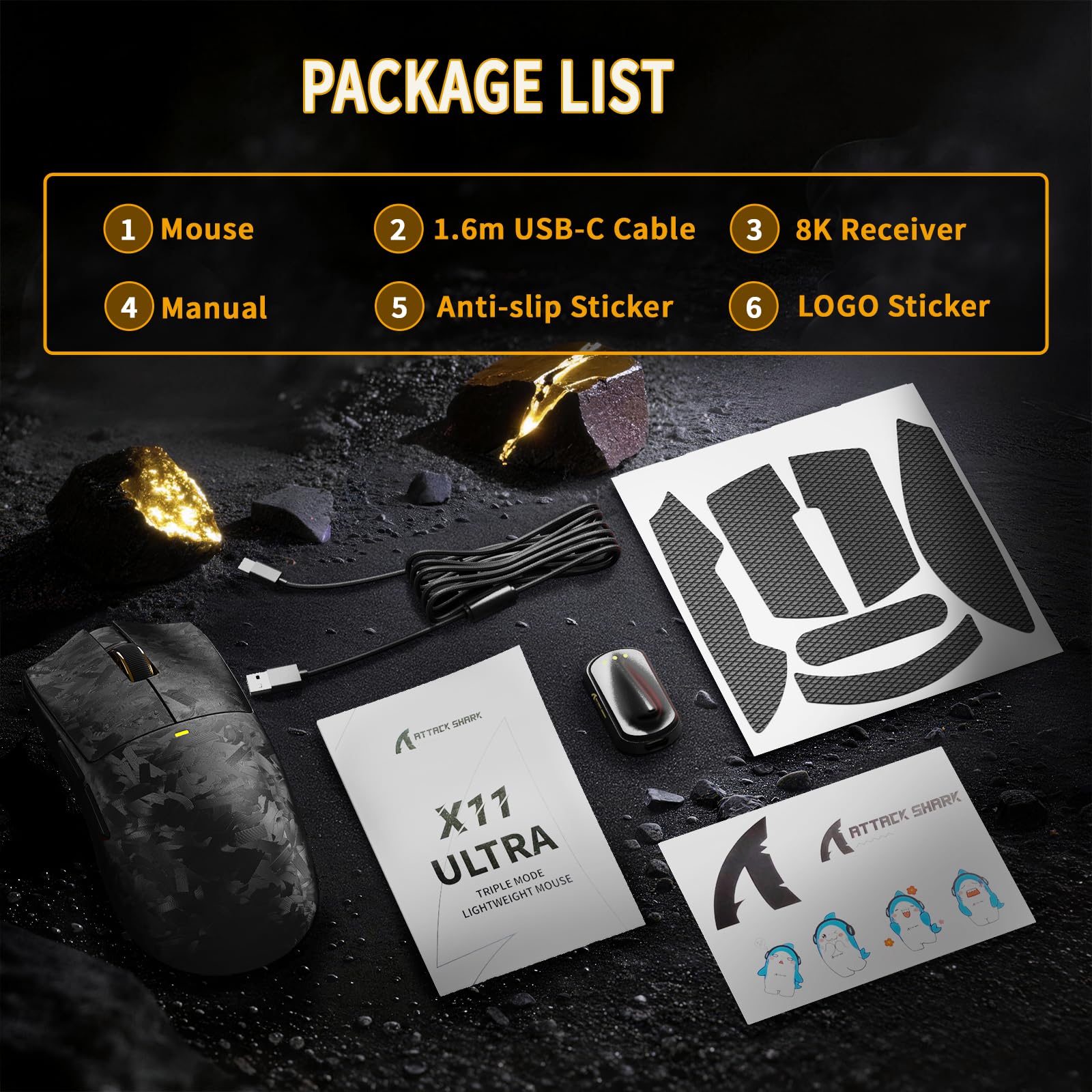 MAMBASNAKE Attack Shark X11 Ultra Ratón Gaming Inalámbrico Fibra de Carbono con Grip Tape, Nordic 54L15, PAW3950MAX, 42000 dpi, 8000Hz, 63g, Dongle Aleta Tiburón, Patas Doble Capa, Negro Forjado