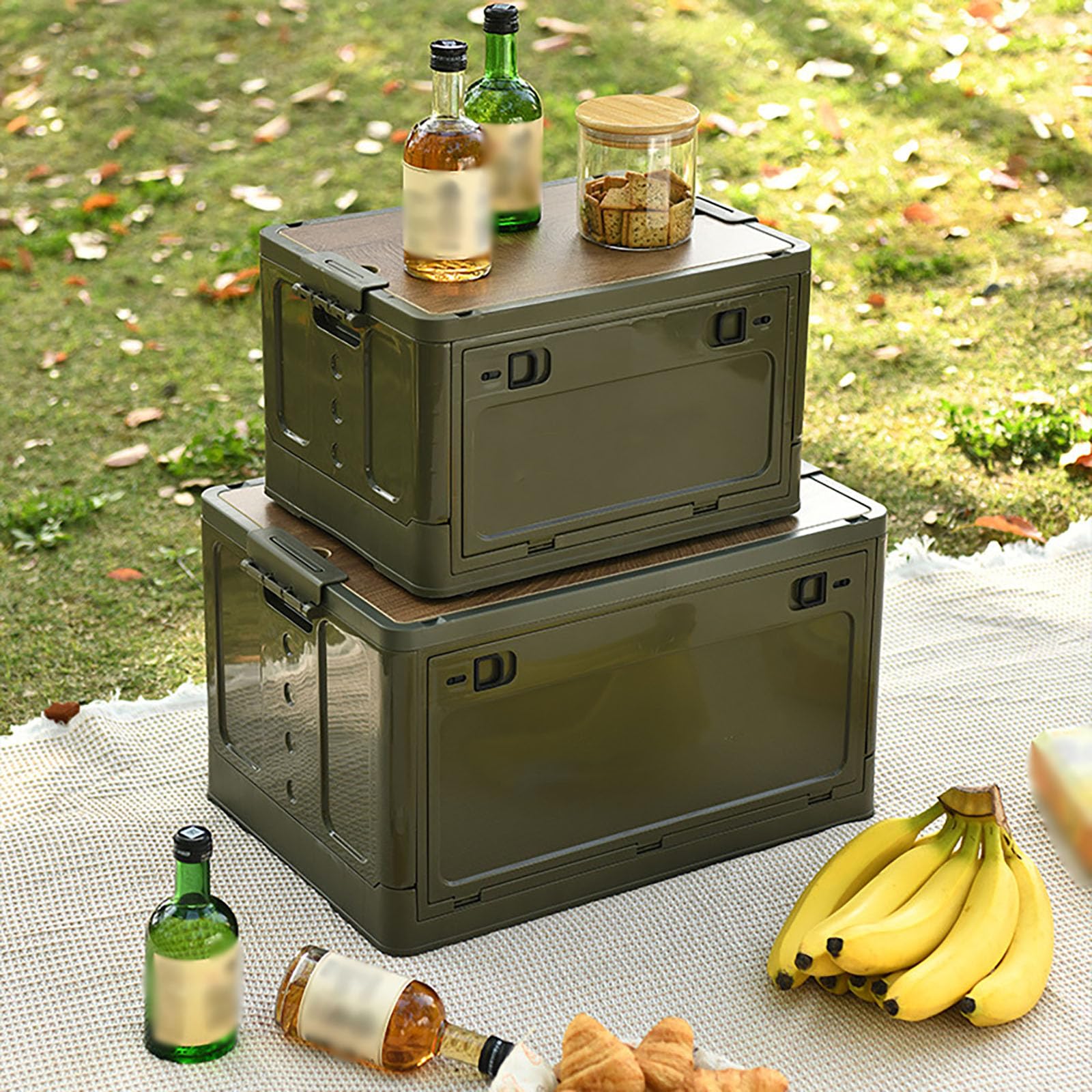 Campingbox Mit Deckel, Faltbare Stapelbar Aufbewahrungsbox Mit Riemenscheiben, Faltschachtel Stauraum Kofferraum Mit Holzdeckel Kann Als Schneidebrett- Blue|| 50 * 35 * 24.5cm