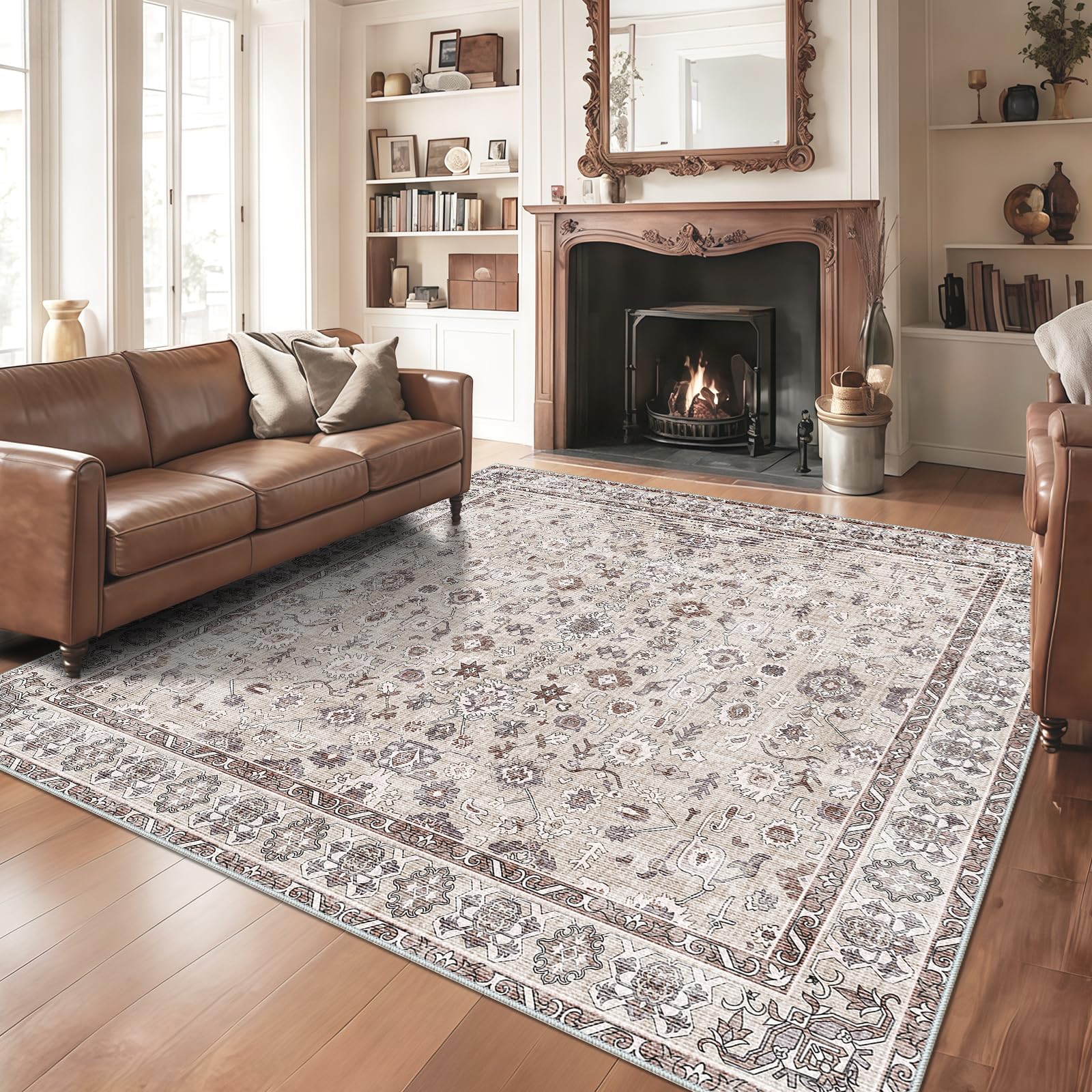 NYZEL Large Square Washable Rug 10x10 ft in Vintage Floral Beige