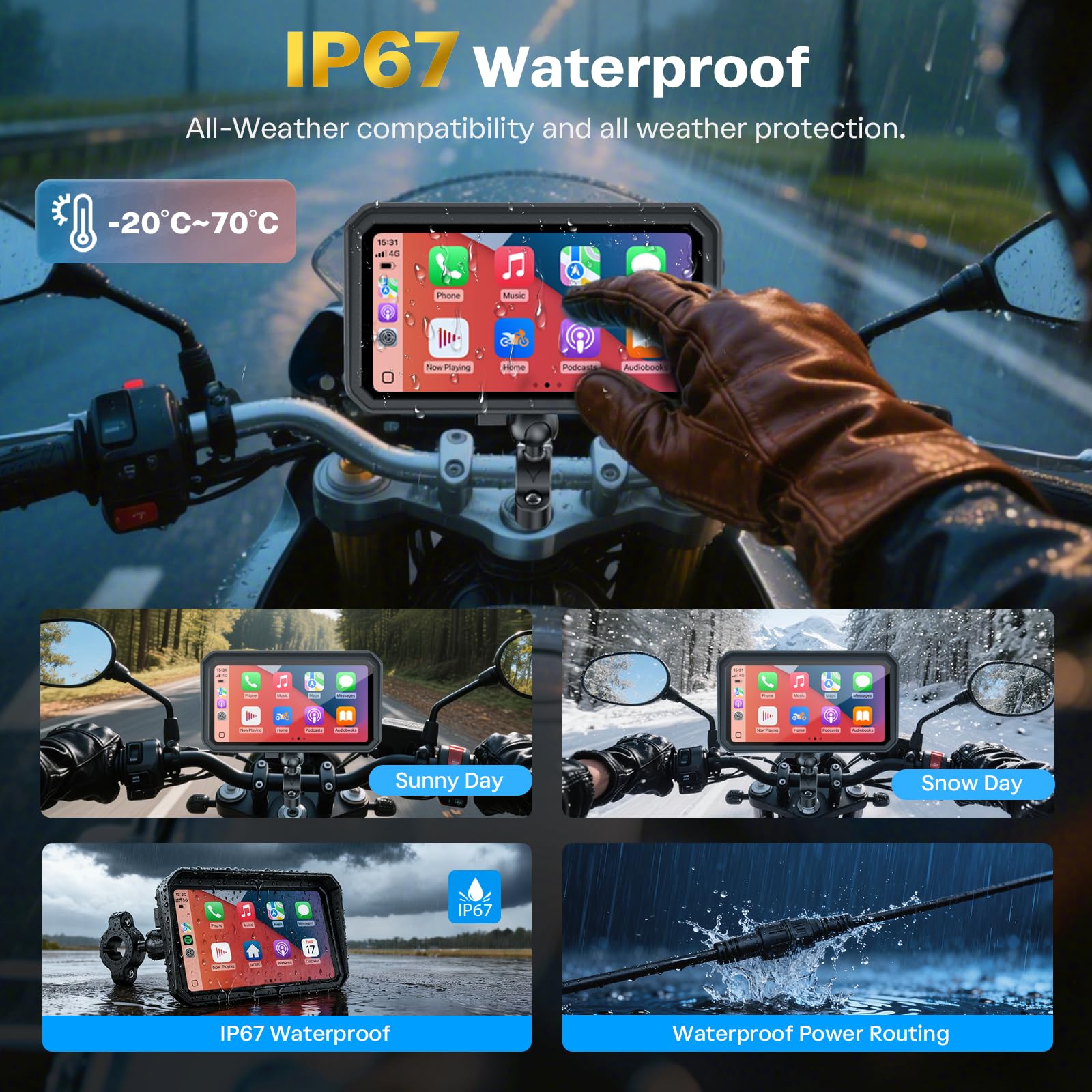 WonVon 6.25 Inch Wireless Motorcycle Carplay GPS Navigation System with Apple Carplay and Android Auto Portable Screen with Dual Bluetooth, Navigation, Siri, Google Assistant