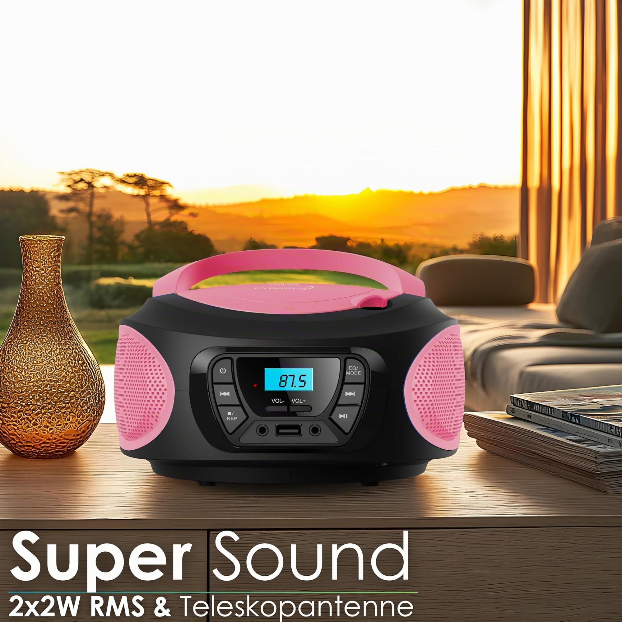 Cyberlux Tragbarer CD-Player, CD/CD-R, USB, UKW-Radio, AUX-In, Kopfhöreranschluss, Kinderradio, Boombox, CD-Radio, Stereo, Kompaktanlage, hübsches Rosa
