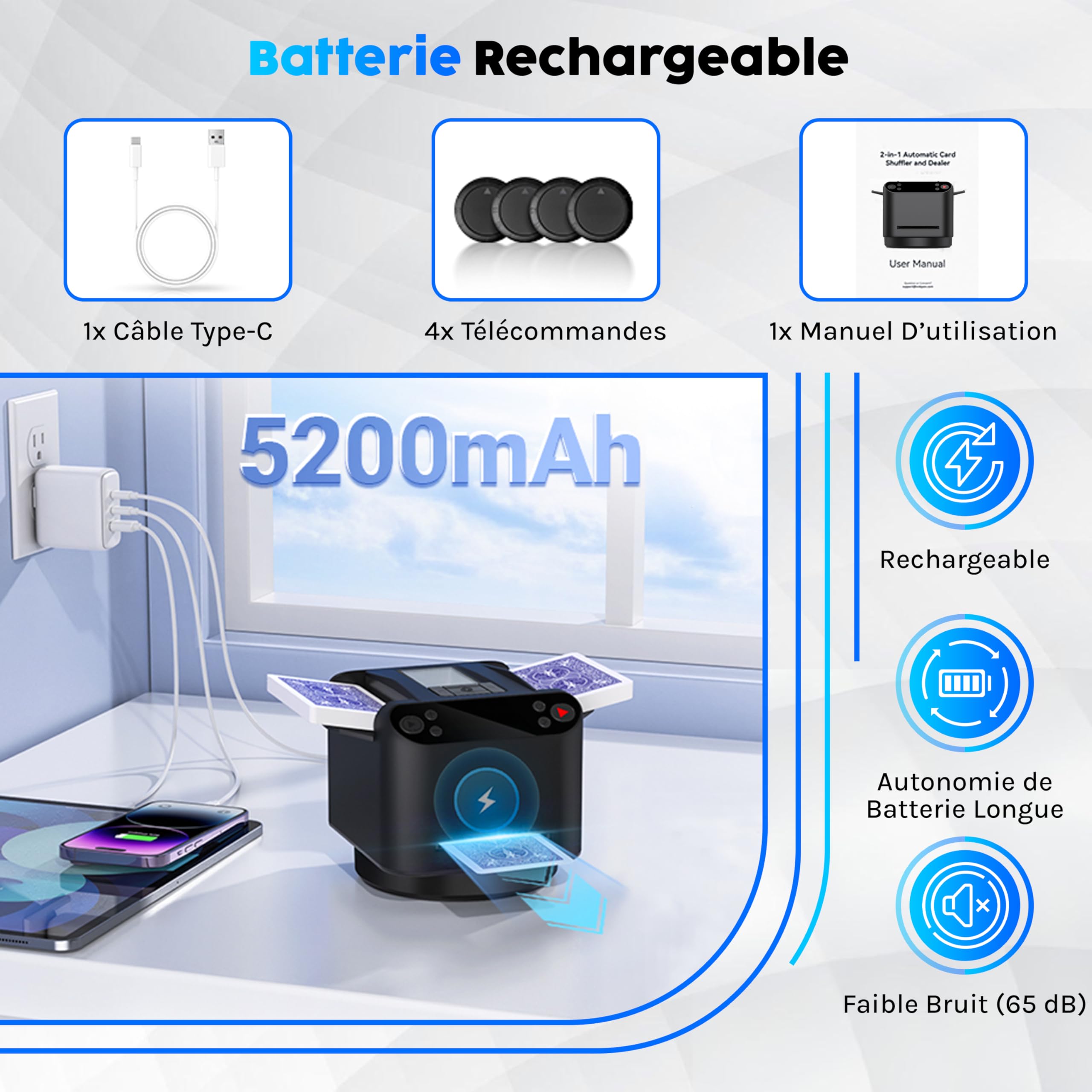 Mélangeur de Cartes Automatique avec Distribution | Rechargeable USB, Silencieux & Rapide | Idéal Poker, Blackjack et Jeux de Cartes