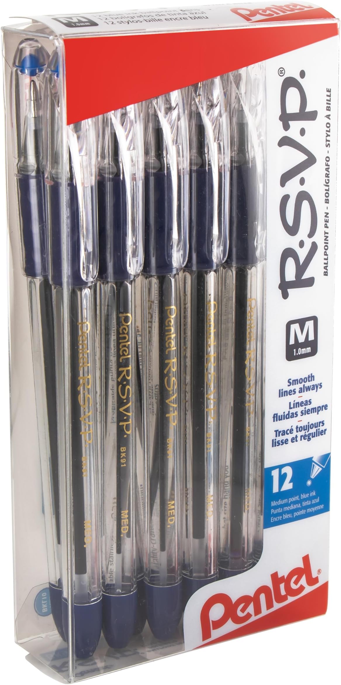 Pentel R.S.V.P. Ball Point Pen, Medium Line, Blue Ink, 12 Pack (BK91PC12C)