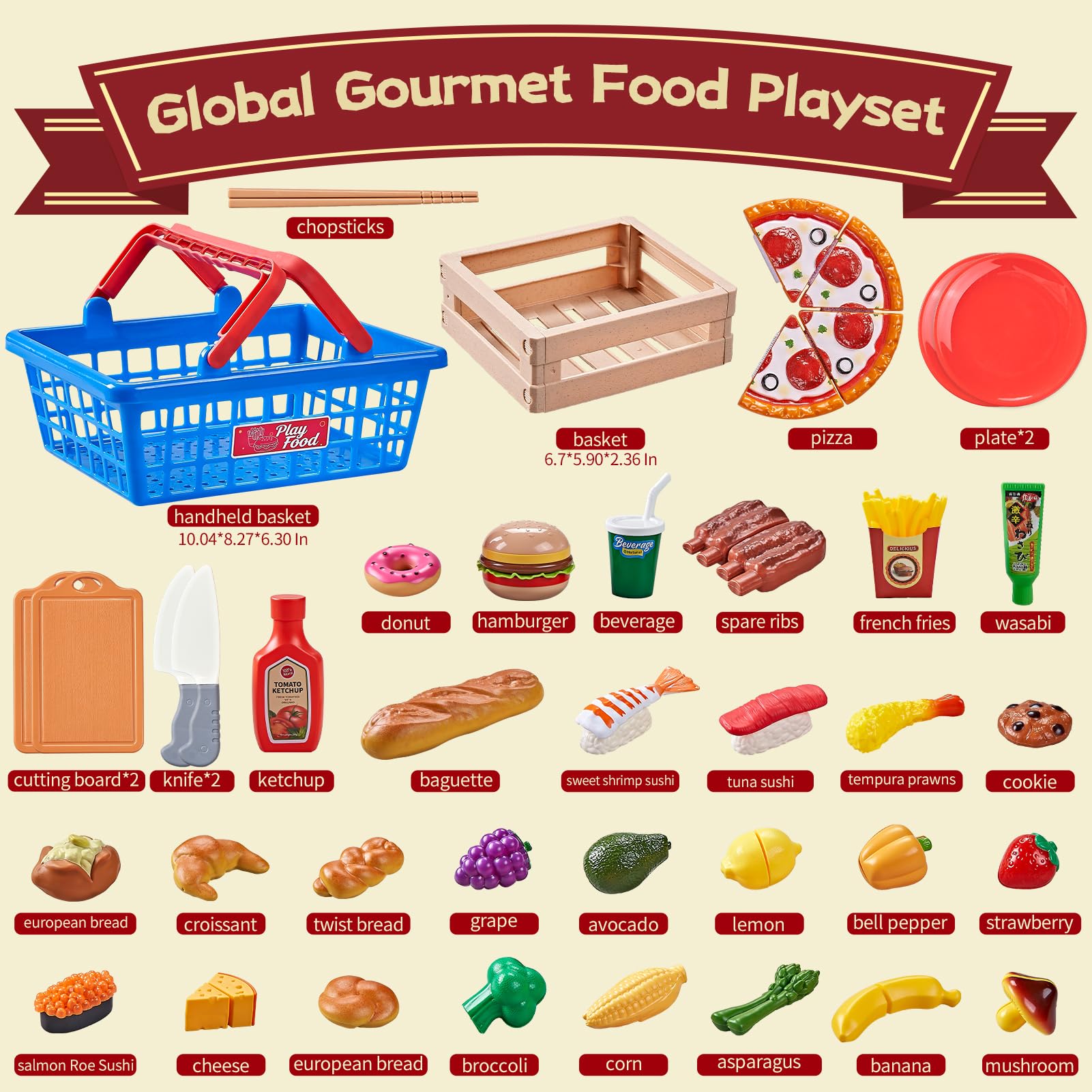 Spiellebensmittel-Set für die Kinderküche, Internationale Küche mit Schneidespielzeug-Lebensmitteln wie Pizza, Sushi und Gebäck, inklusive 2 Körben, Jungen und Mädchen.