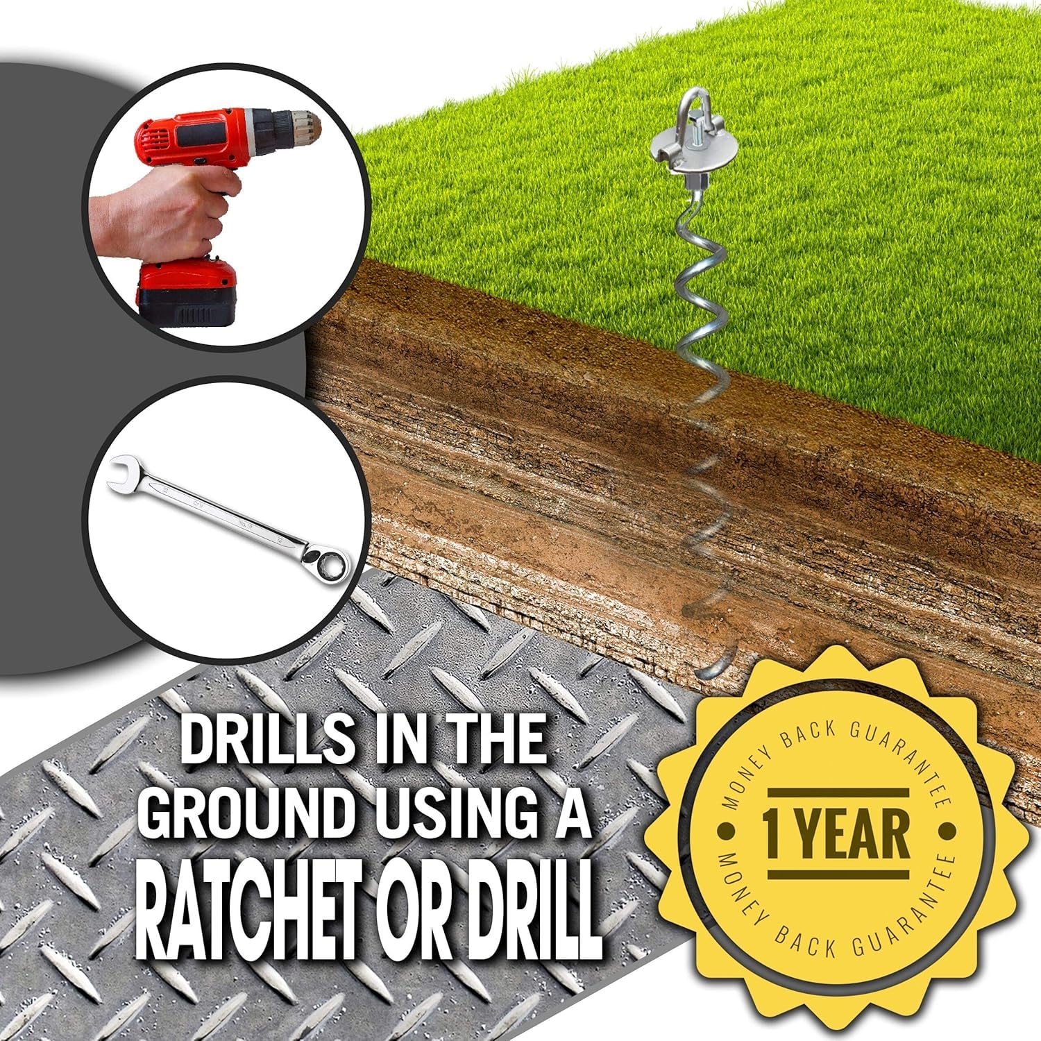 Ingeniuso - Spiral Ground Anchor - Heavy Duty Screw in Spiral Stakes, Folding Ring Ground Stakes for Securing Dogs, Tents, Trampolines, Canopies, Swing Sets, 4-Pack