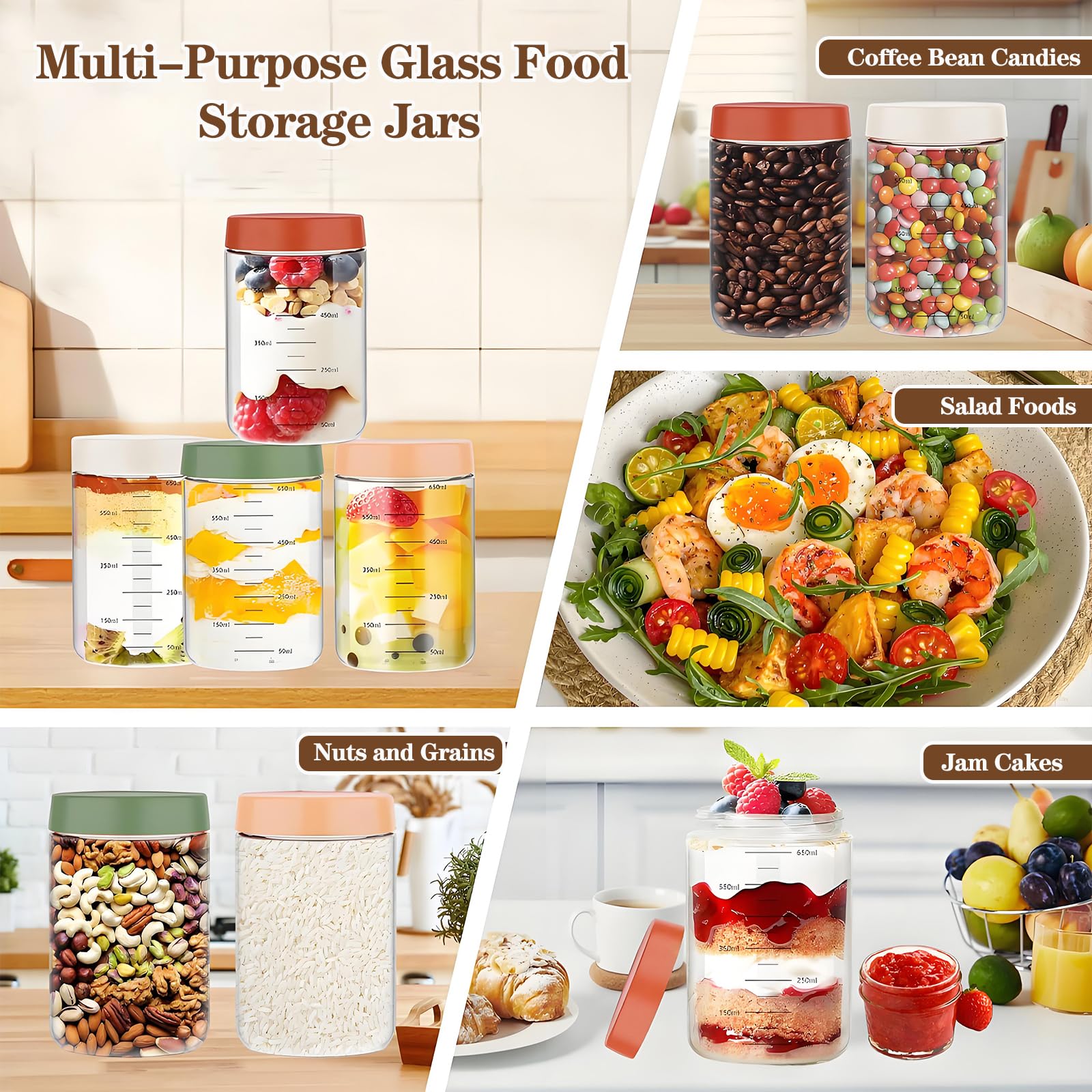 NCONCO Paquete de 4 tarros de vidrio multiusos de 750 ml con tapas, reutilizables a prueba de fugas, tarros de almacenamiento de alimentos con tapas para aperitivos, yogur, preparación de comidas