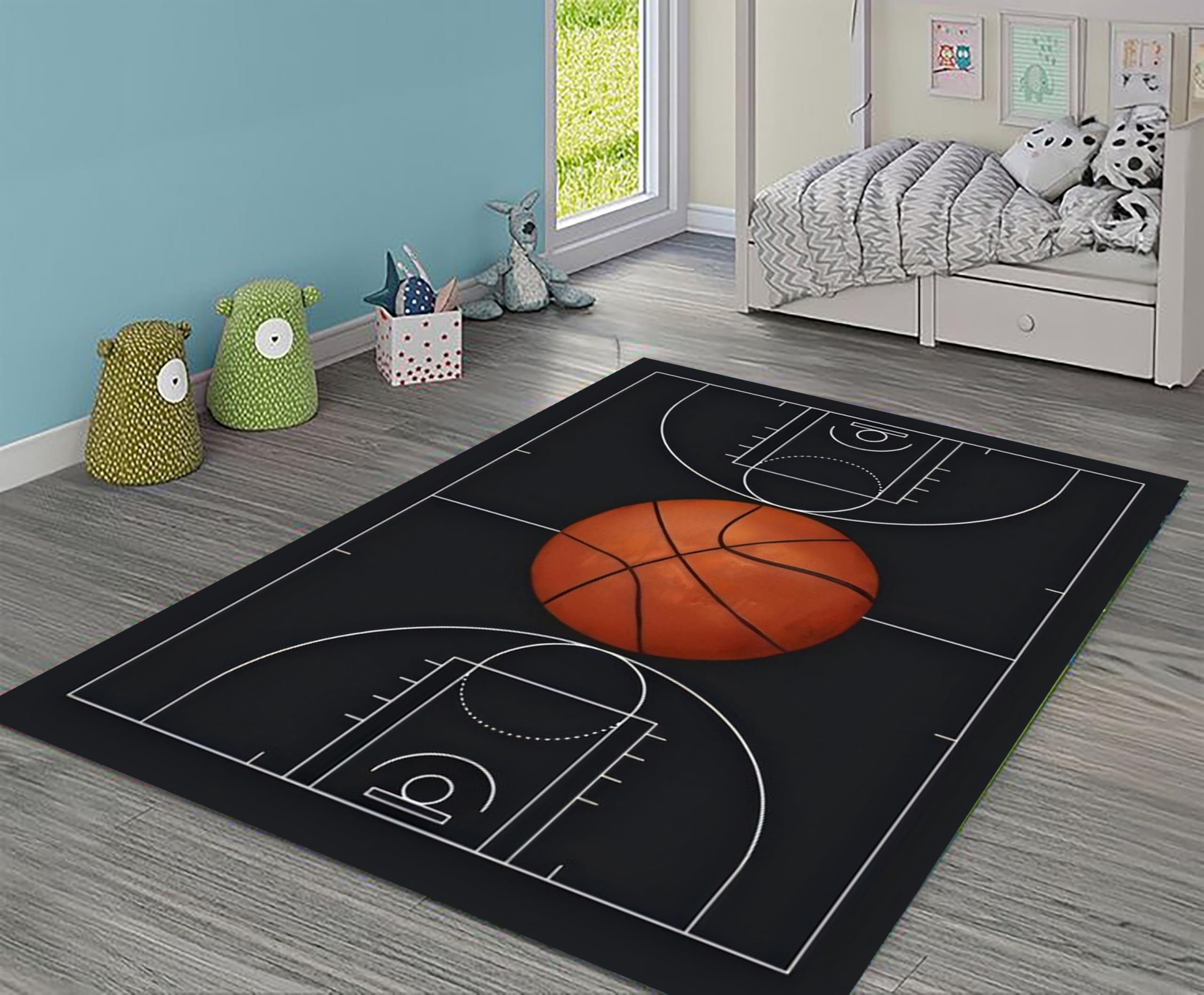 Basketball Teppich 70x140cm für Kinderzimmer & Wohnzimmer – Sportlicher Rutschfester Spielteppich in Schwarz ，Leicht zu Reinigen ， Ideal für Spielzimmer & Eingangsbereich