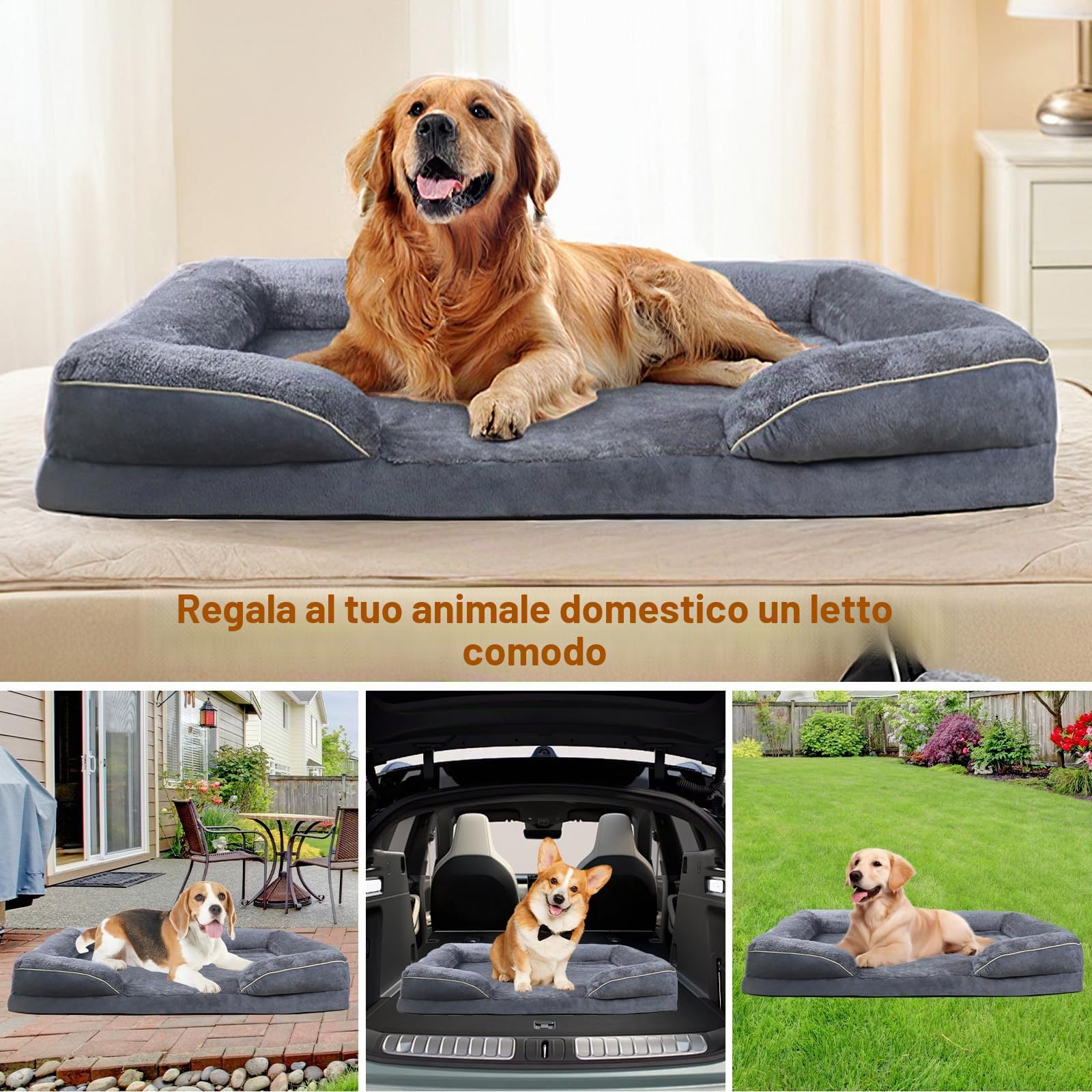 Letto per Cani Grande, 91 x 69 x 18 cm, Cuccia Cane Interno, Cuccia Divano per Cani, Cuscino Impermeabile Sfoderabile e Lavabile, Lettino per Cane con Fondo Antiscivolo, Grigio